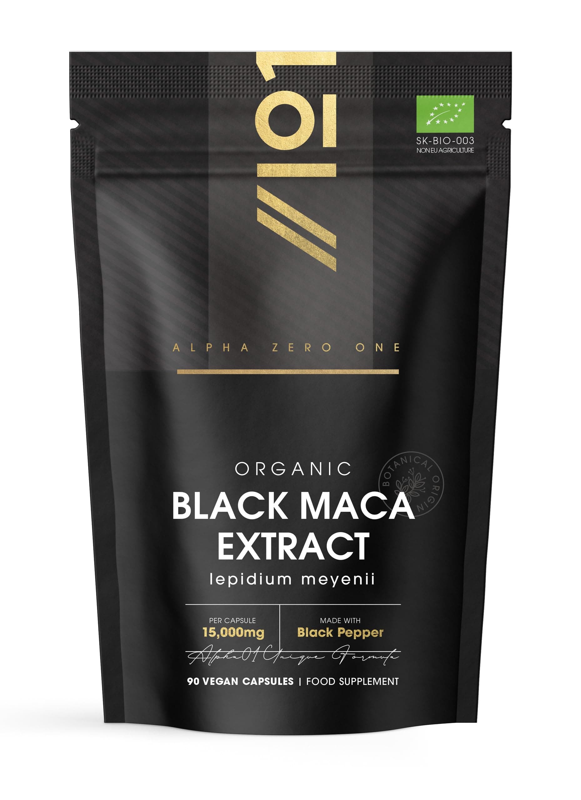 Organic Black Maca Root 15,000mg with Black Pepper – Peruvian Black Maca Supplement for Men - 90 Vegan Capsules (3 Months Supply) – Resealable and Recyclable Pouch by Alpha01
