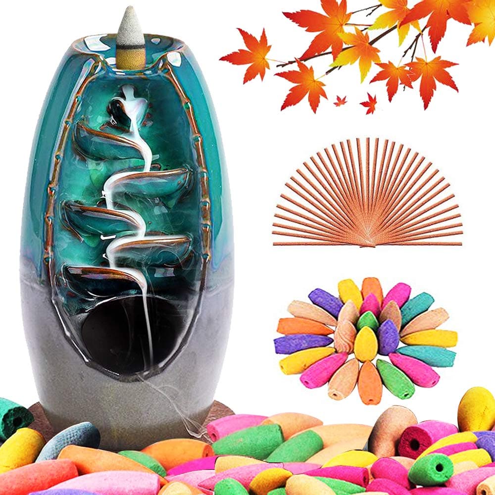 Ceramic Incense Burner, Incense Holder Backflow Waterfall, Home Decor Aromatherapy Ornamental Gifts with 150 Backflow Incense Cones, 30 Incense Sticks, Mat, Lotus Leaf, Cloth by TUOFANG