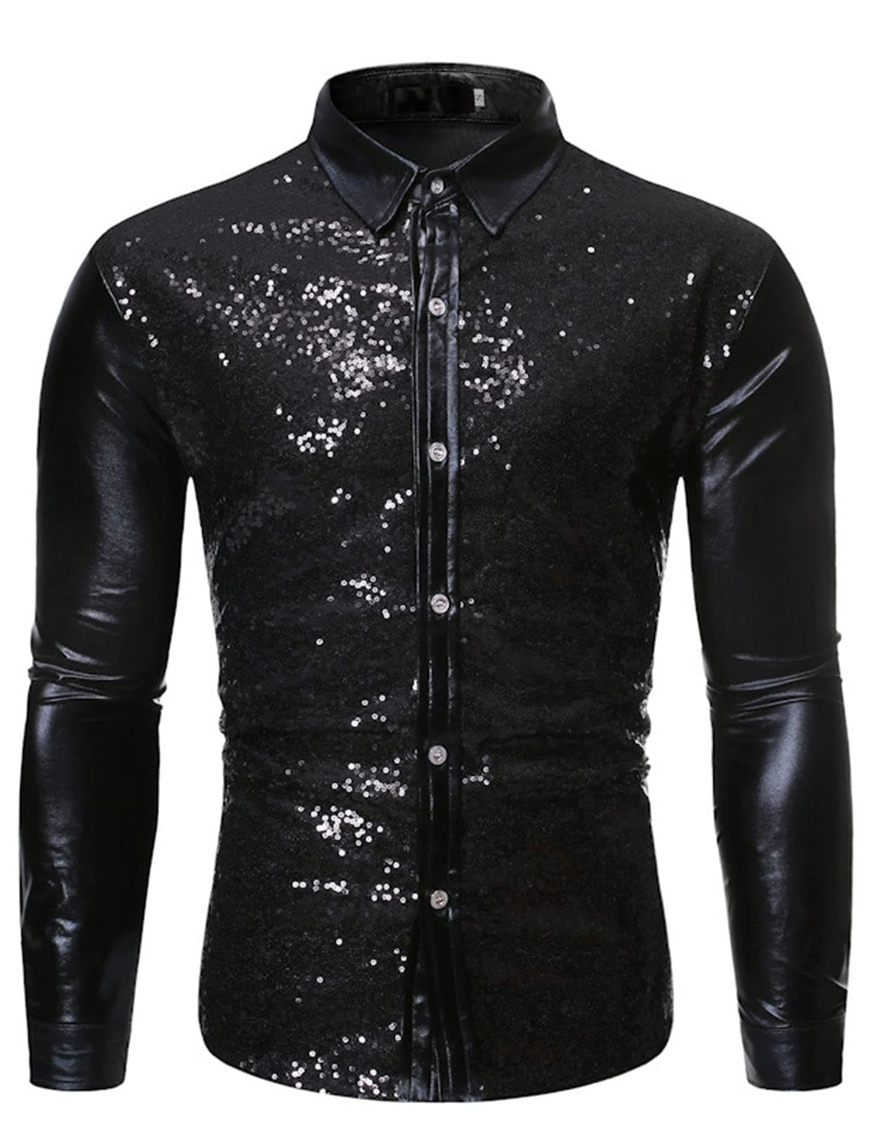 IdopyMens Trend Nightclub Coating Metallic Button Down Shirts