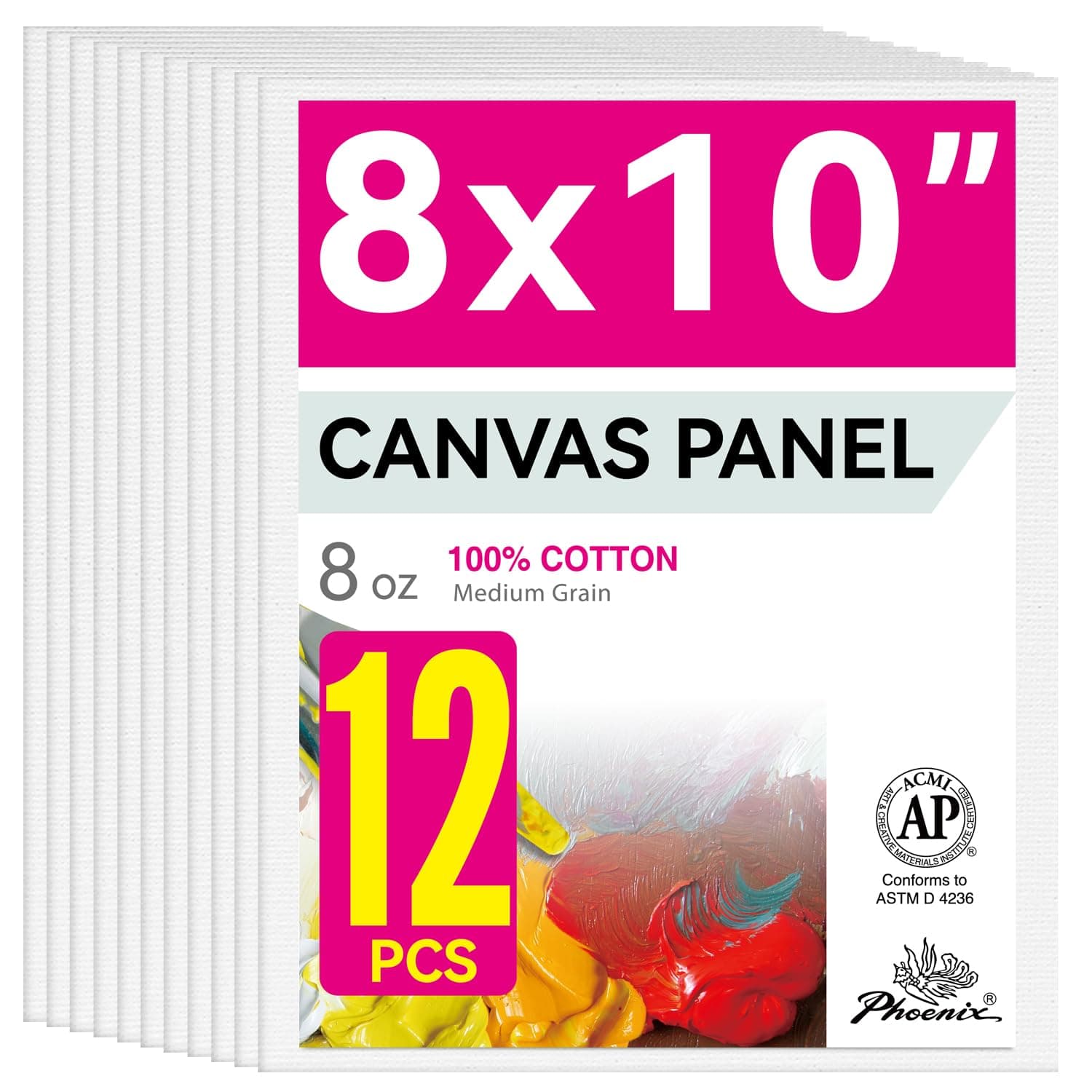 PHOENIX Painting Canvas Panels 8x10 Inch, 12 Value Pack - 8 Oz Triple Primed 100% Cotton Acid Free Canvas Boards for Painting, White Blank Flat Canvas Boards for Acrylic, Oil Paints