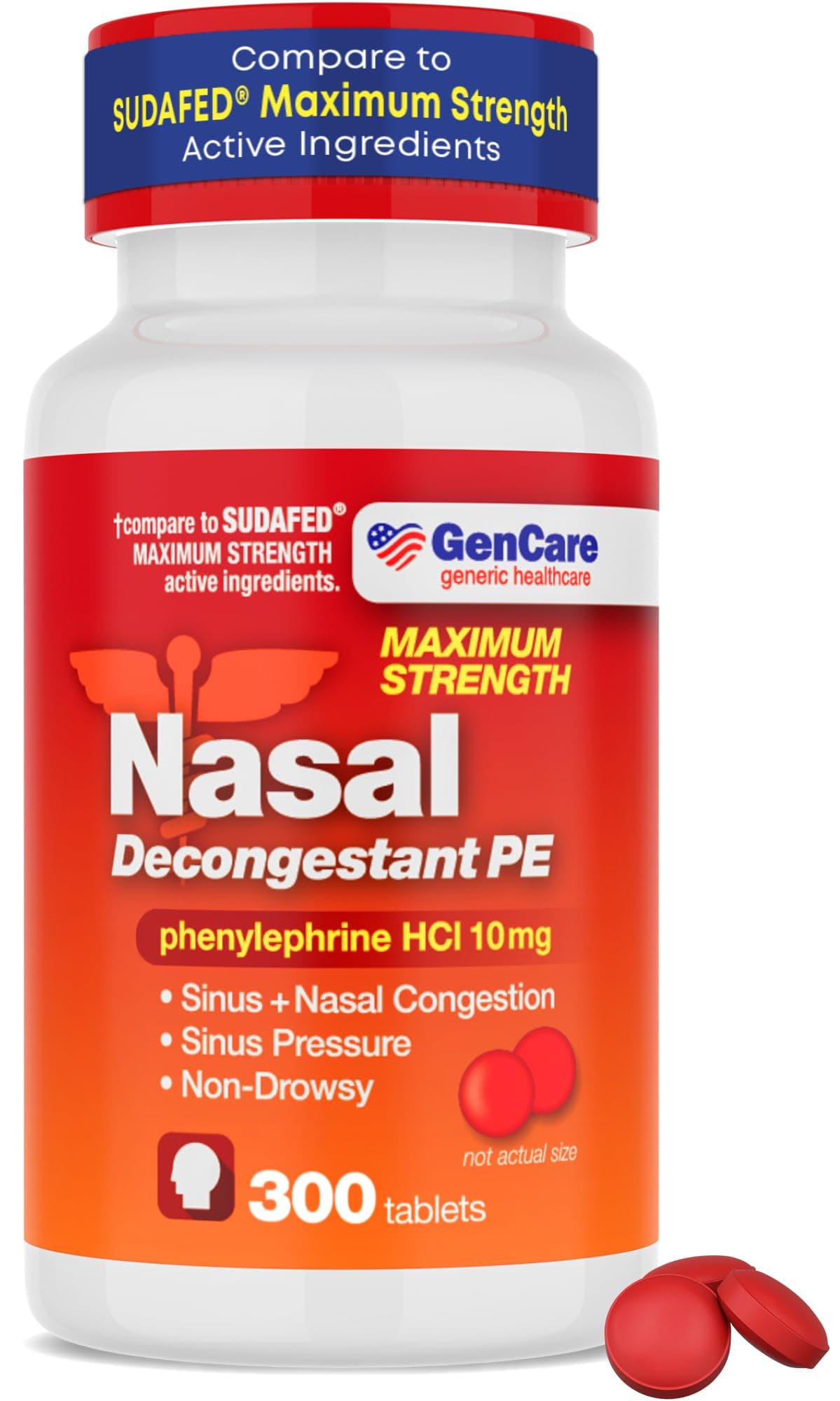 Nasal Decongestant PE – Phenylephrine HCl 10mg Tablets (Bulk 300 Count) Non-Drowsy Sinus Pressure Relief & Nasal Congestion Relief, Stuffy Nose Decongestants for Adults – Compare to Sudafed PE