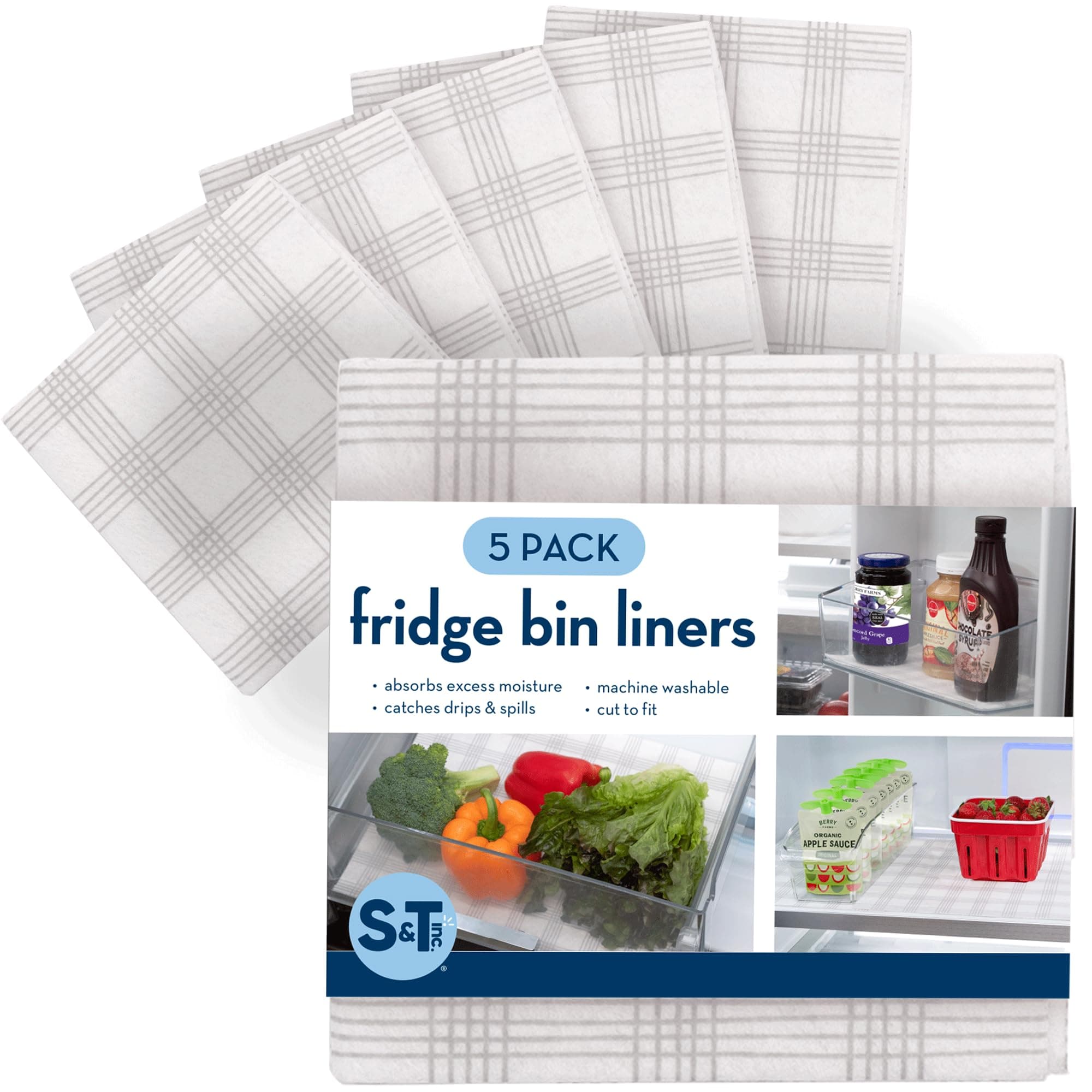 S&T INC. Fridge Liners, Shelf Liners for Kitchen Cabinets and Storage Bins, Non Adhesive Refrigerator Liners, Washable and Absorbent, 12 Inch x 24 Inch, Plaid, 5 Pack