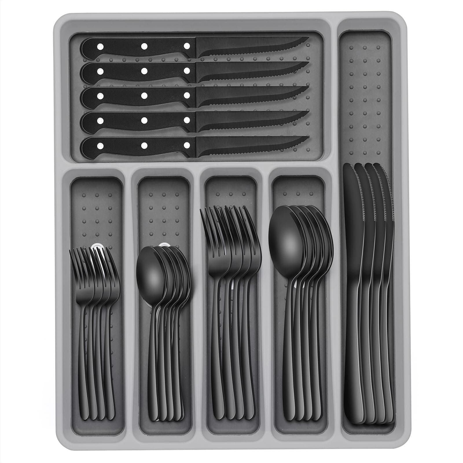 49-Piece Black Silverware Set with Organizer, Heavy Duty Stainless Steel Flatware for 8, Cutlery Utensil Sets with Steak Knives, Rust-proof, Mirror Polished, Dishwasher Safe, Black Heavy Duty