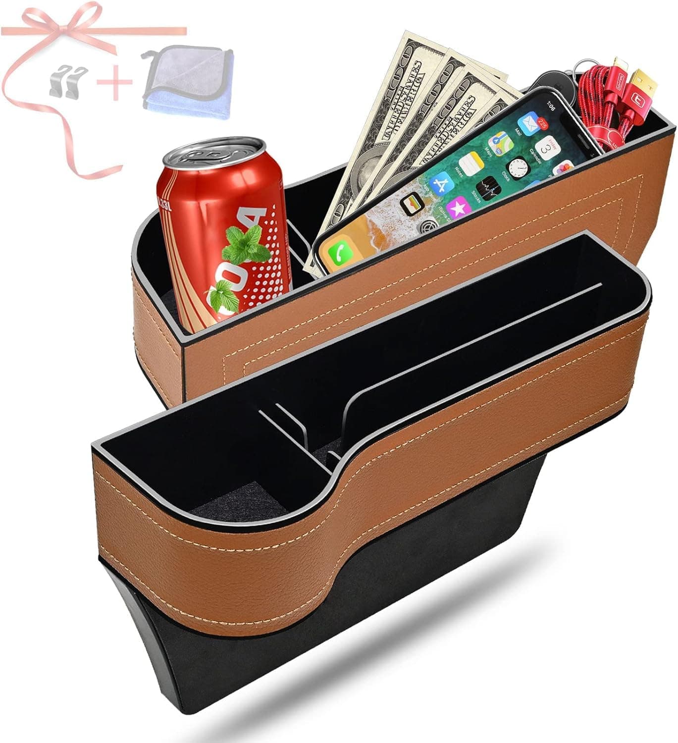 2 Pack Car Seat Gap Organizer Storage Box Cup Holder Car Console Side Pockets PU Leather Cellphones Key Cards Sunglasses Small Items Car Interior Accessories (Right and Left, Brown)