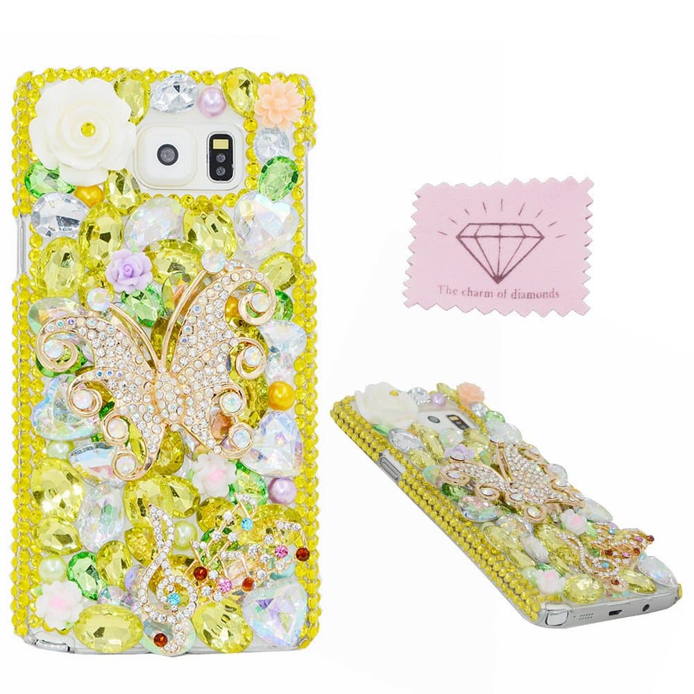 Samsung Note 5 Butterfly Case, Charm Of Diamonds Handmade 3D Bling Shining Rhinestone Case For Samsung Galaxy Note5 N9200 Hard Plastic Cover Phone Back Protective Diamond Skin +Clean Cloth