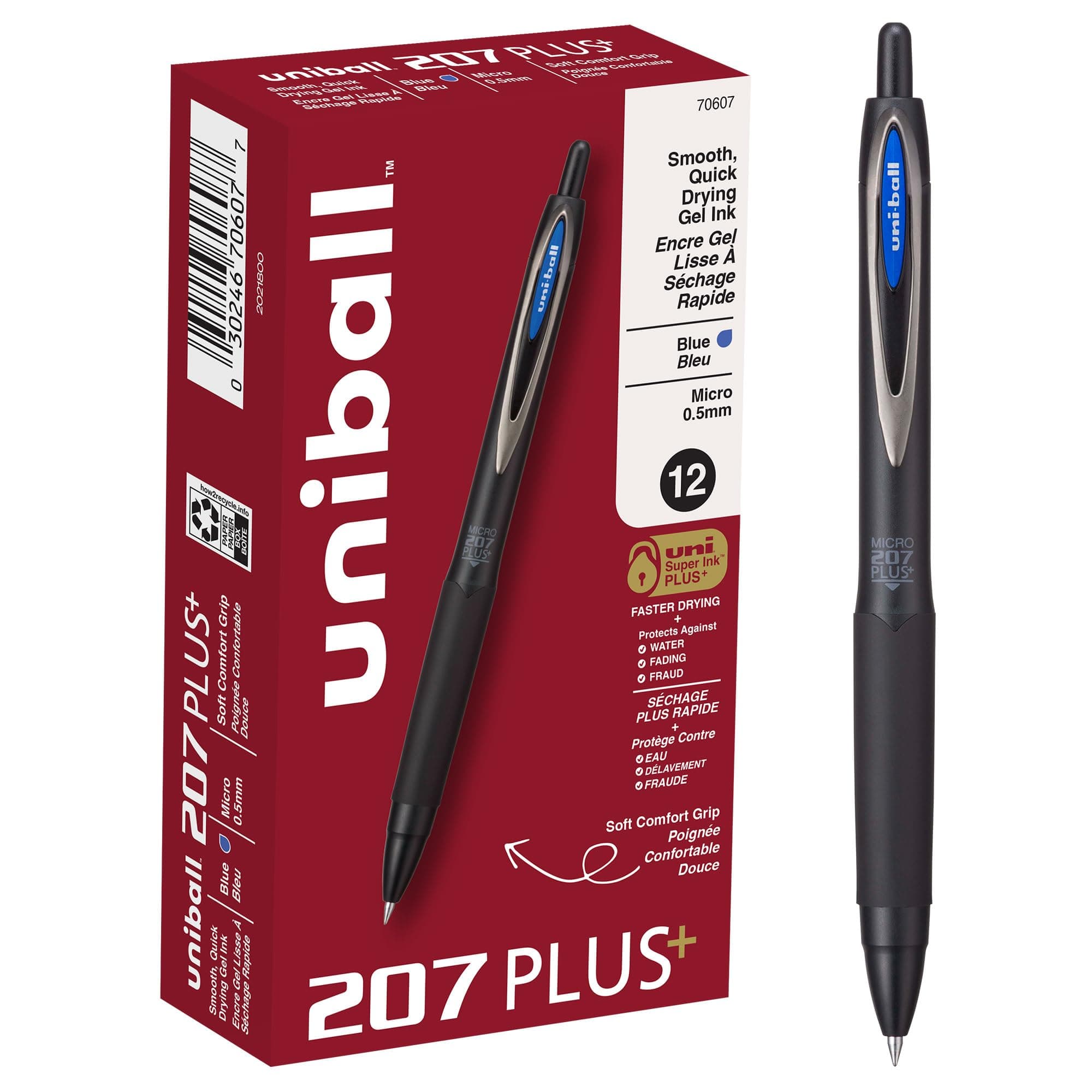 207 Plus+ Retractable Rollerball Gel Pens 12 Pack in Blue with 0.5mm Micro Point Pen Tips - Uni-Super Ink+ is Smooth, Vibrant, and Protects Against Water, Fading, and Fraud