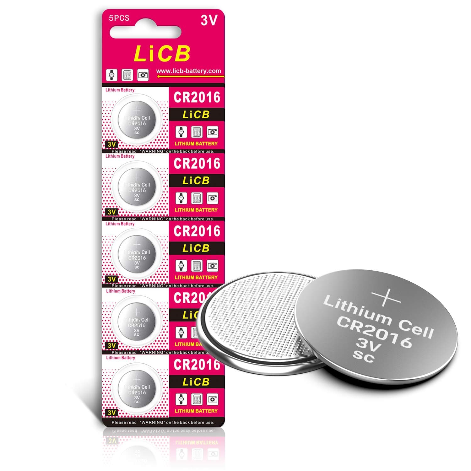 LiCB CR2016 Battery 3V Lithium 5PCS (CR 2016 / Batteries CR2016 / DL2016 / ECR2016) for Medical devices,LED lights,Glucometers,Toys,Car key,Digital voice recorders.