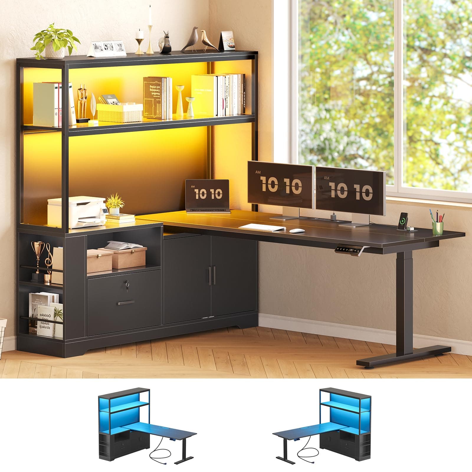SEDETA 56.7" L Shaped Standing Desk, Reversible Computer Office Desk with Drawers & Hutch, Stand Up Corner Gaming Desks with LED Lights & Power Outlets for Home Office, Black