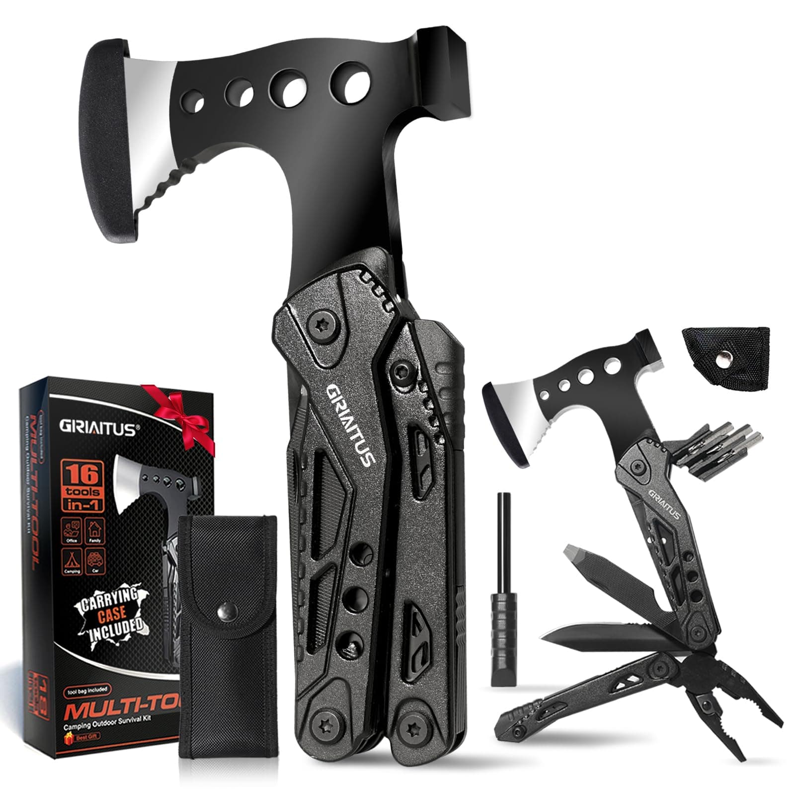Camping Essentials Multi Tool Gifts for Men Dad 16in1 Multitool Survival Gear with Hammer Pliers Saw Screwdrivers Bottle Opener Whistle Christmas Stocking Fillers Gadgets for Outdoor, Hiking, Repair