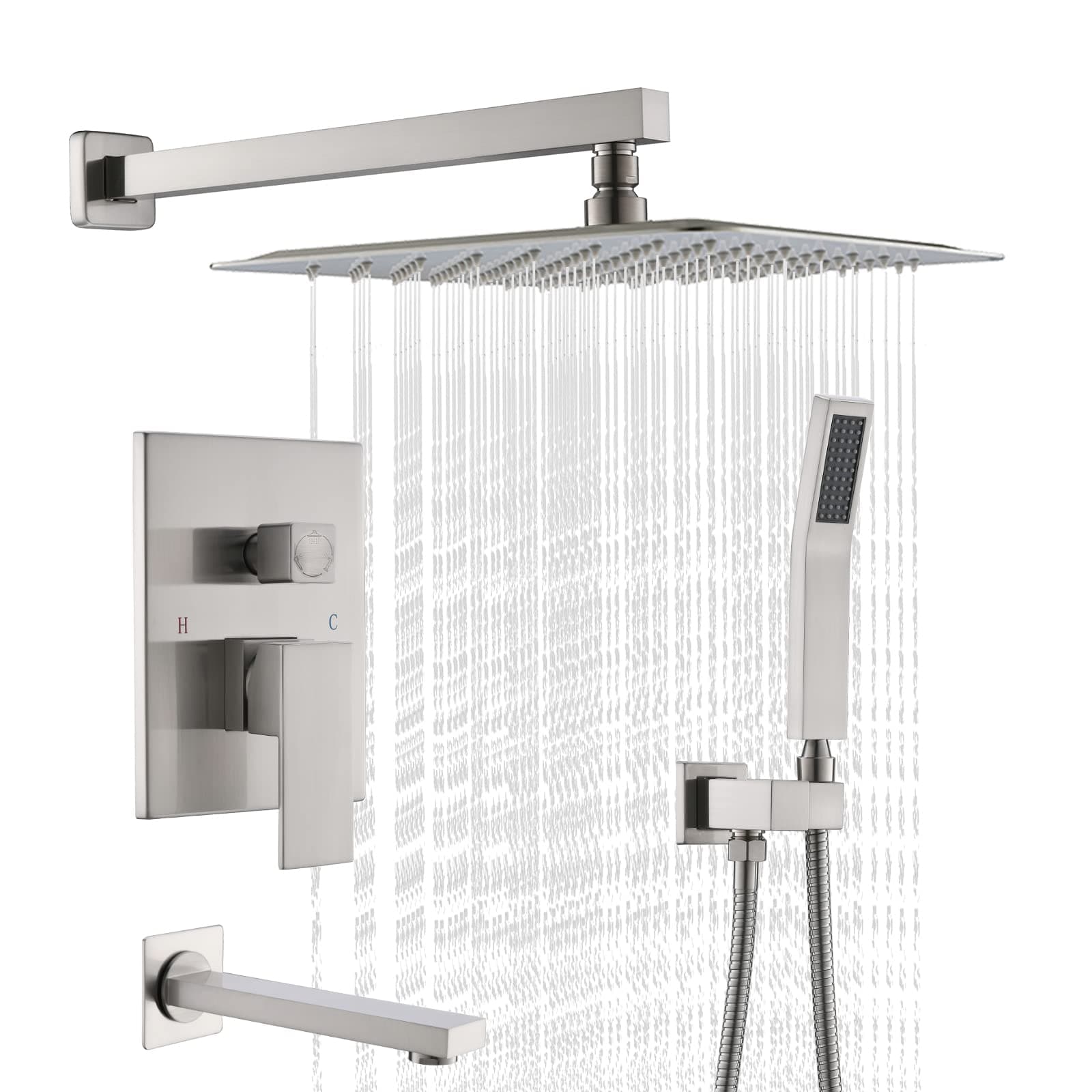 STARBATH Shower System with Tub Spout 10 Inch Bathroom Wall Mounted Shower Faucet Set with Rain Shower Head, Contain Shower Faucet Rough-in Mixer Valve,Brushed Nickel