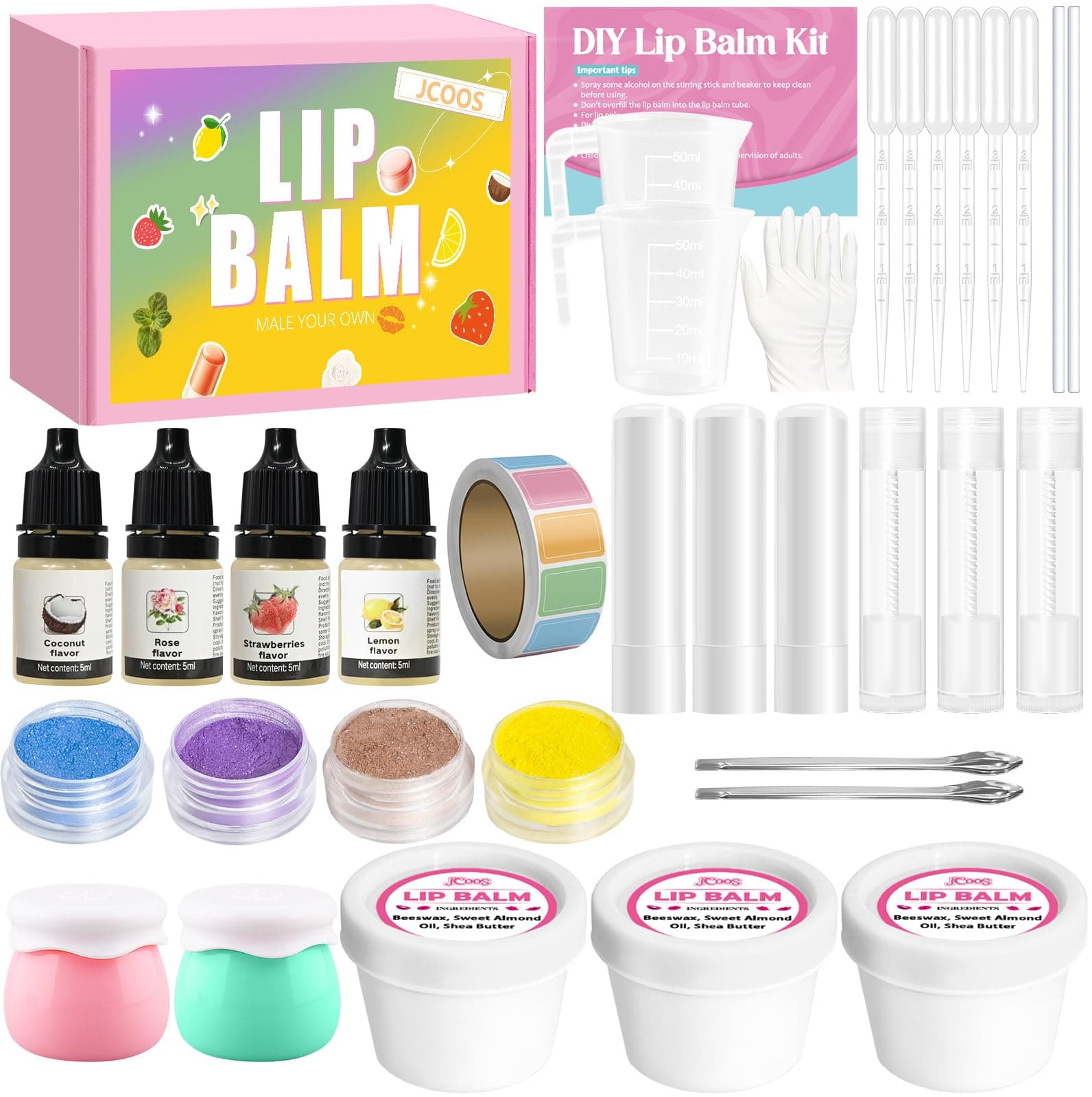 Jcoos Lip Balm Making Kit Diy Lip Balm Kit Make Your Own Lip Gloss Making Kit, Moisturizing Lip Balm Base, Natural Beeswax, Lip Balm Containers, Lip Gloss Flavoring Oil, Crafts for Teens, Kids, Adults
