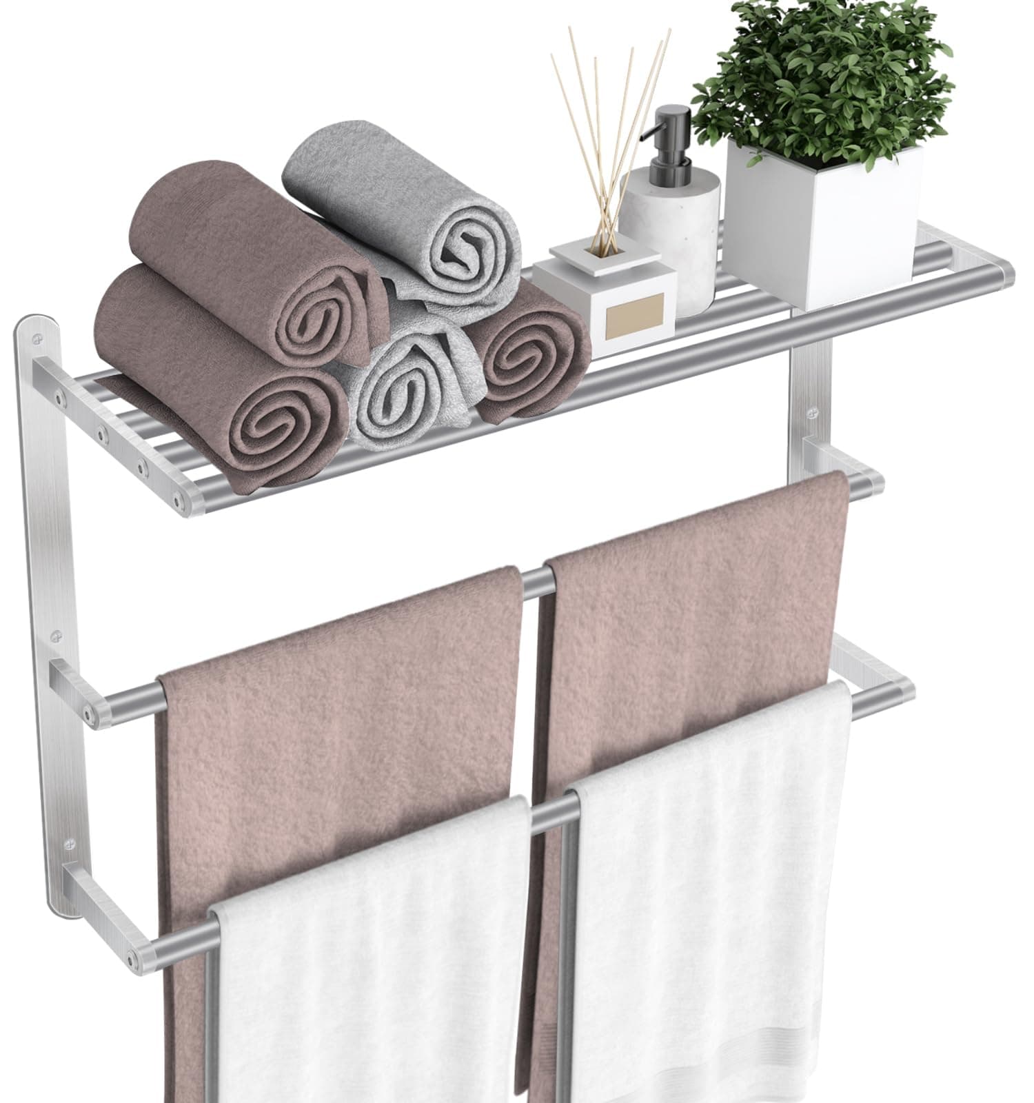 Towel Racks for Bathroom, 24 in Towel Shelf with Double Towel Bar, Stainless Steel Towel Storage for Lavatory Wall Mounted, 3-Tier Towel Hanger Towel Holder, Brushed Nickel