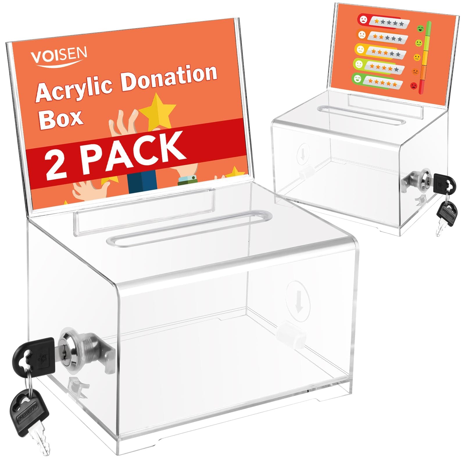 VOISEN Clear Donation Box with Lock,2 Pack Ballot Box with Sign Holder,Suggestion Box for Fundraising, Voting Box with Slot for School,Conference 6.2x4.6x3.9 Inch