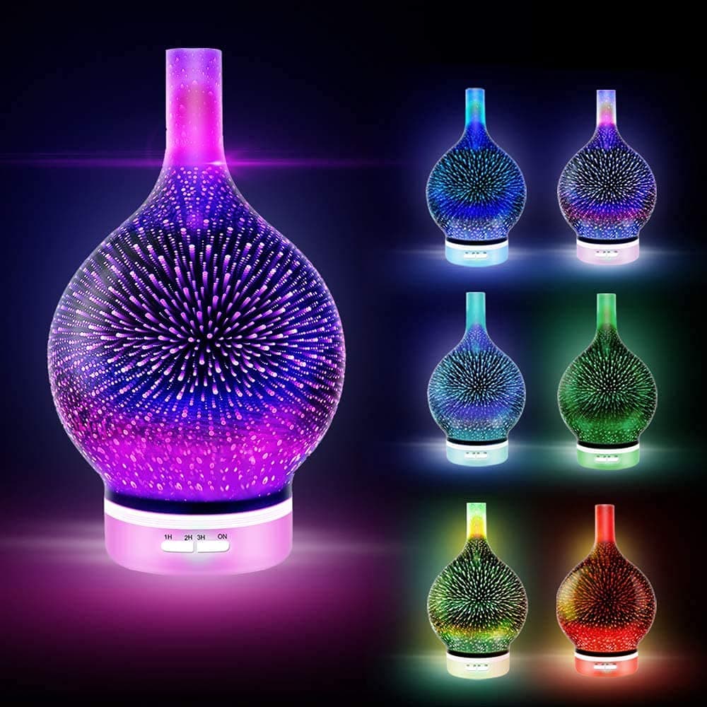 3D Firework Glass Essential Oil Aroma Diffuser Ultrasonic Aromatherapy Humidifier - 7 Color Changing LEDs, Promote Sleep, Timer Control (120ml)