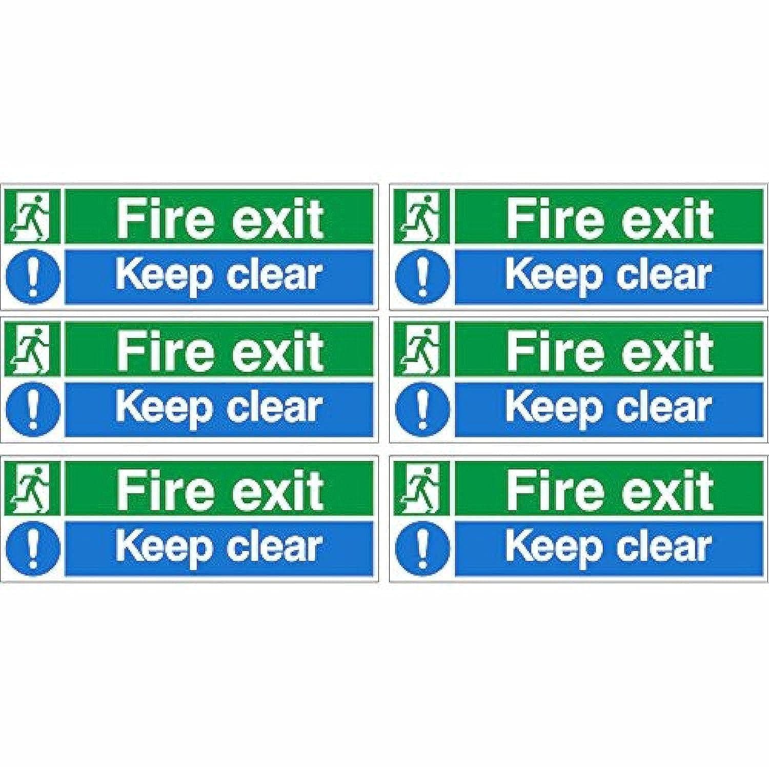Pack of 6 Fire Exit Keep Clear Signs 300mm x 100mm - Self Adhesive