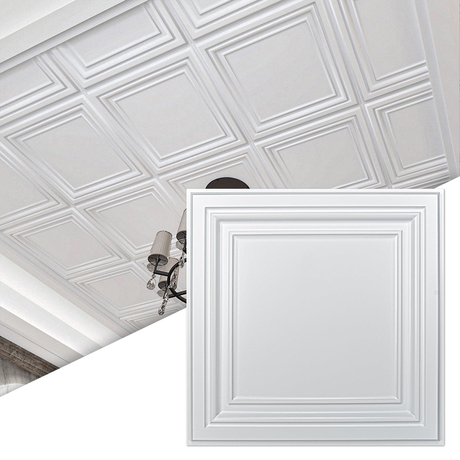 12-Pack PVC Drop Ceiling Tiles (48 Sq.Ft), 24"x24" Decorative Panels for Home and Office, 2ft x 2ft, Bright White Finish