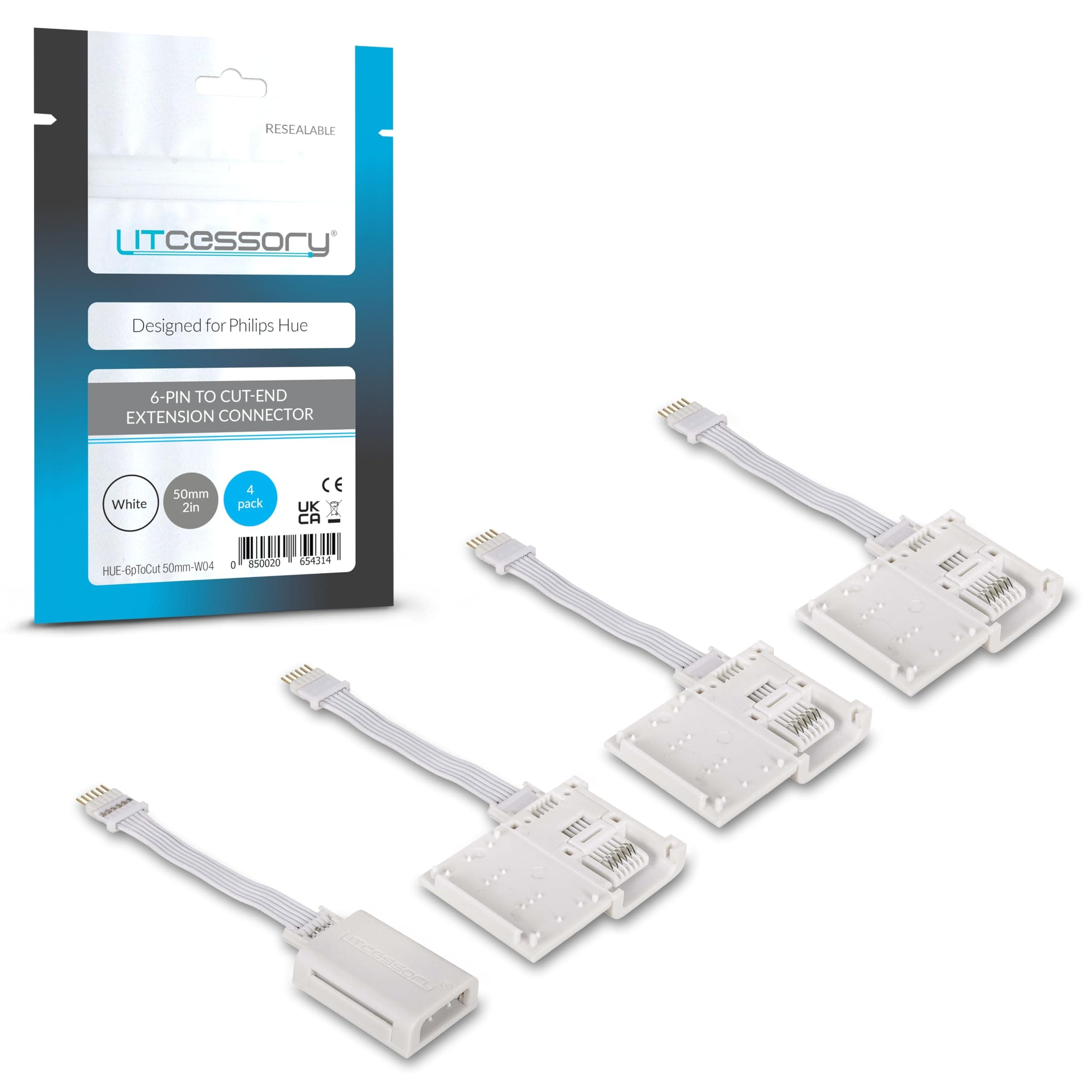6-Pin to Cut-End Extension Connector for Philips Hue/Solo Lightstrip (50mm, 4 Pack, White - MICRO 6-PIN V4 / Solo Lightstrip)