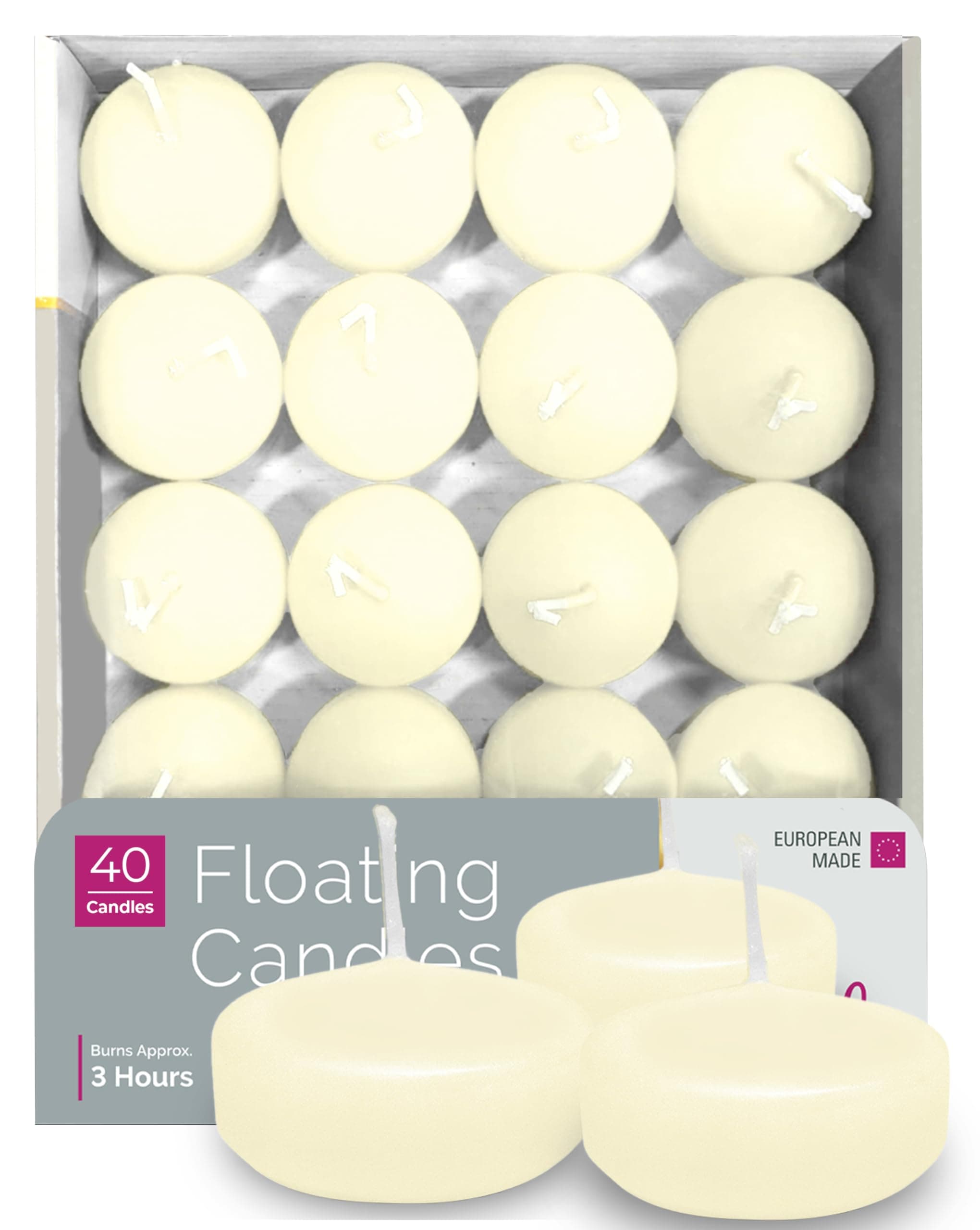 Premium Ivory Floating Candles 1.75 Inch - 3 Hour - 40 Pack - European Made
