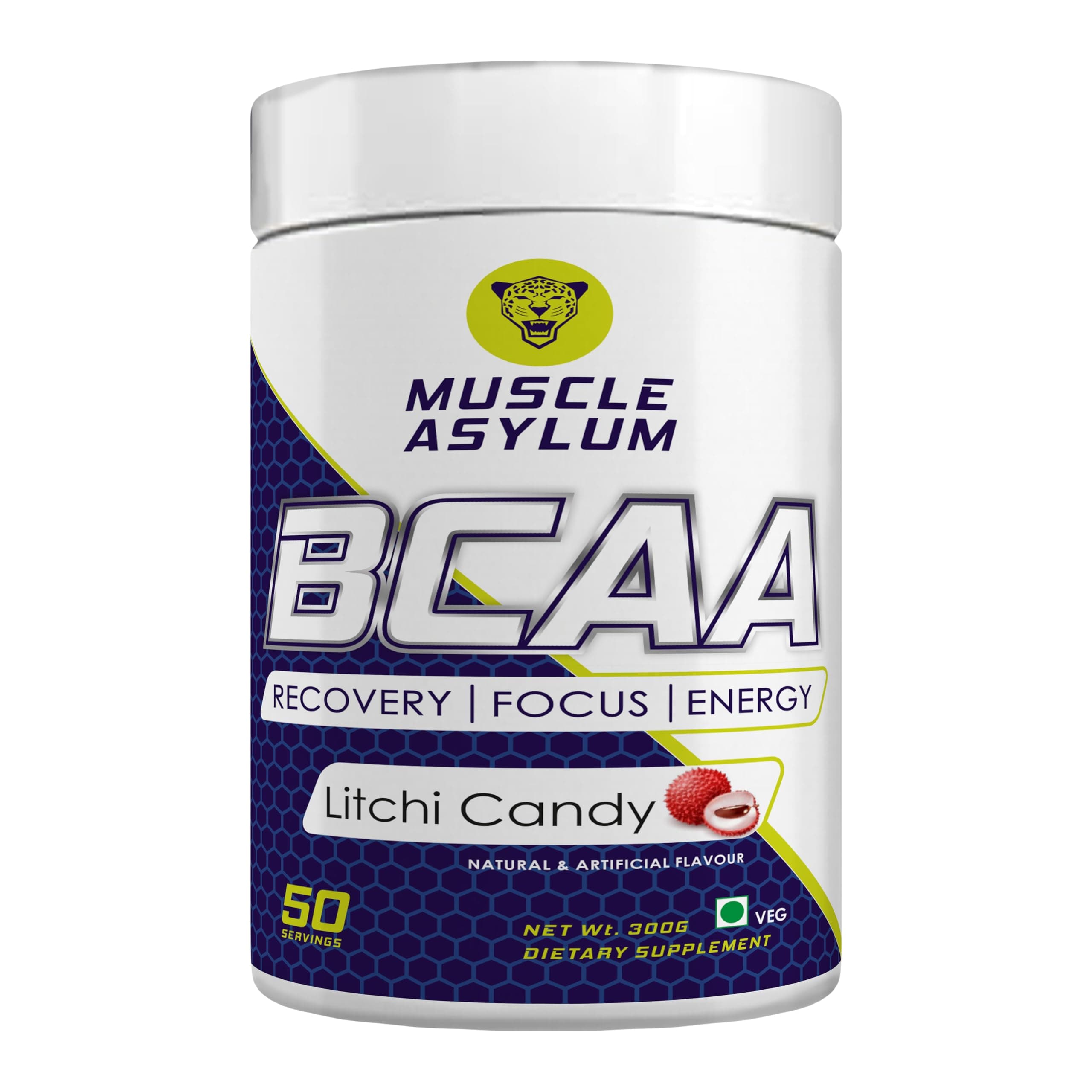 Muscle Asylum Pure Bcaa | 50 Serving, 300g, | Litchi Candy | With Genuine Lab Reports | BCAAs With Nootropics Matrix | Fast Recovery