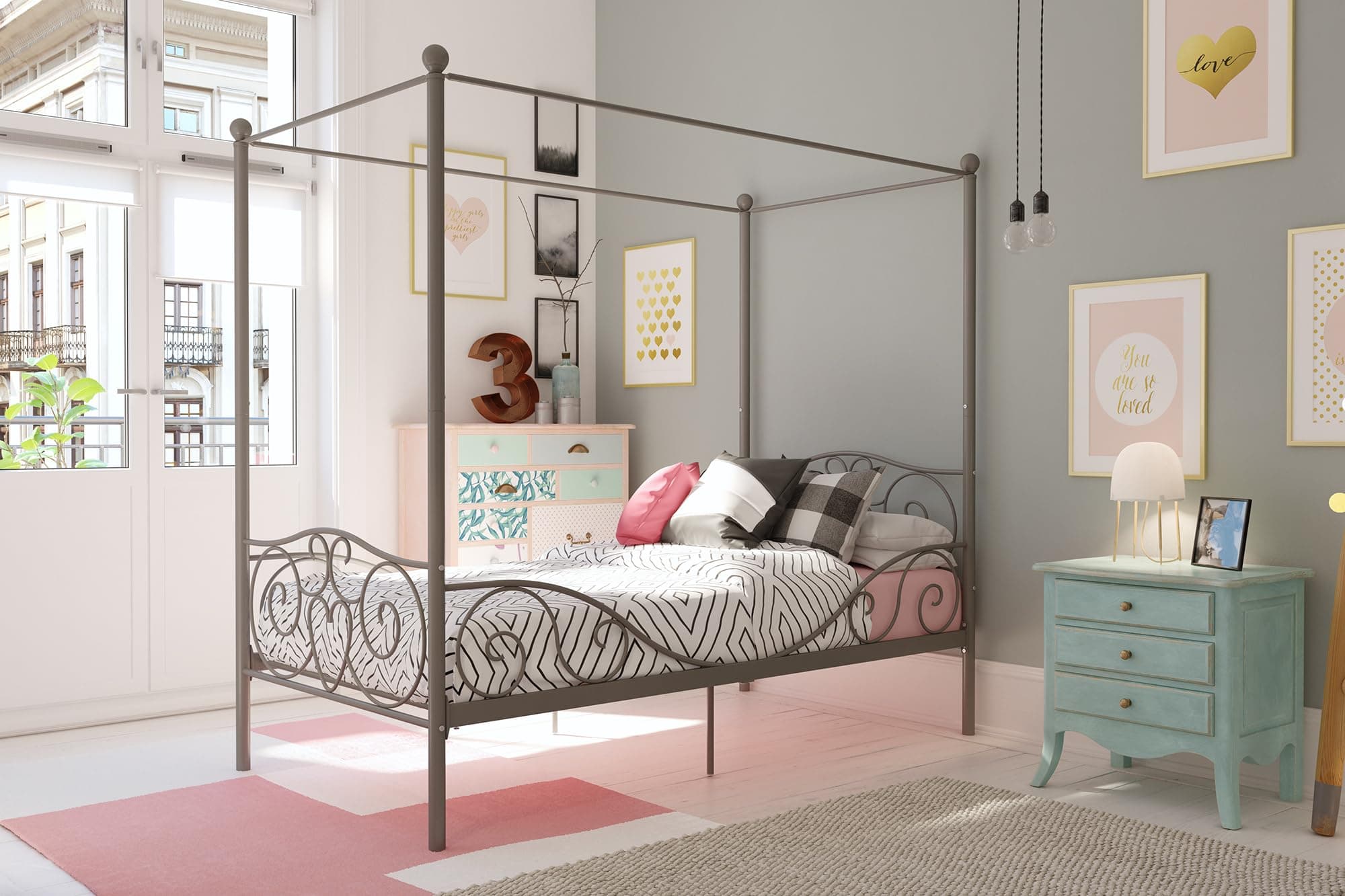 DHP Metal Canopy Kids Platform Bed with Four Poster Design, Scrollwork Headboard and Footboard, Underbed Storage Space, No Box Sring Needed, Twin, Pewter