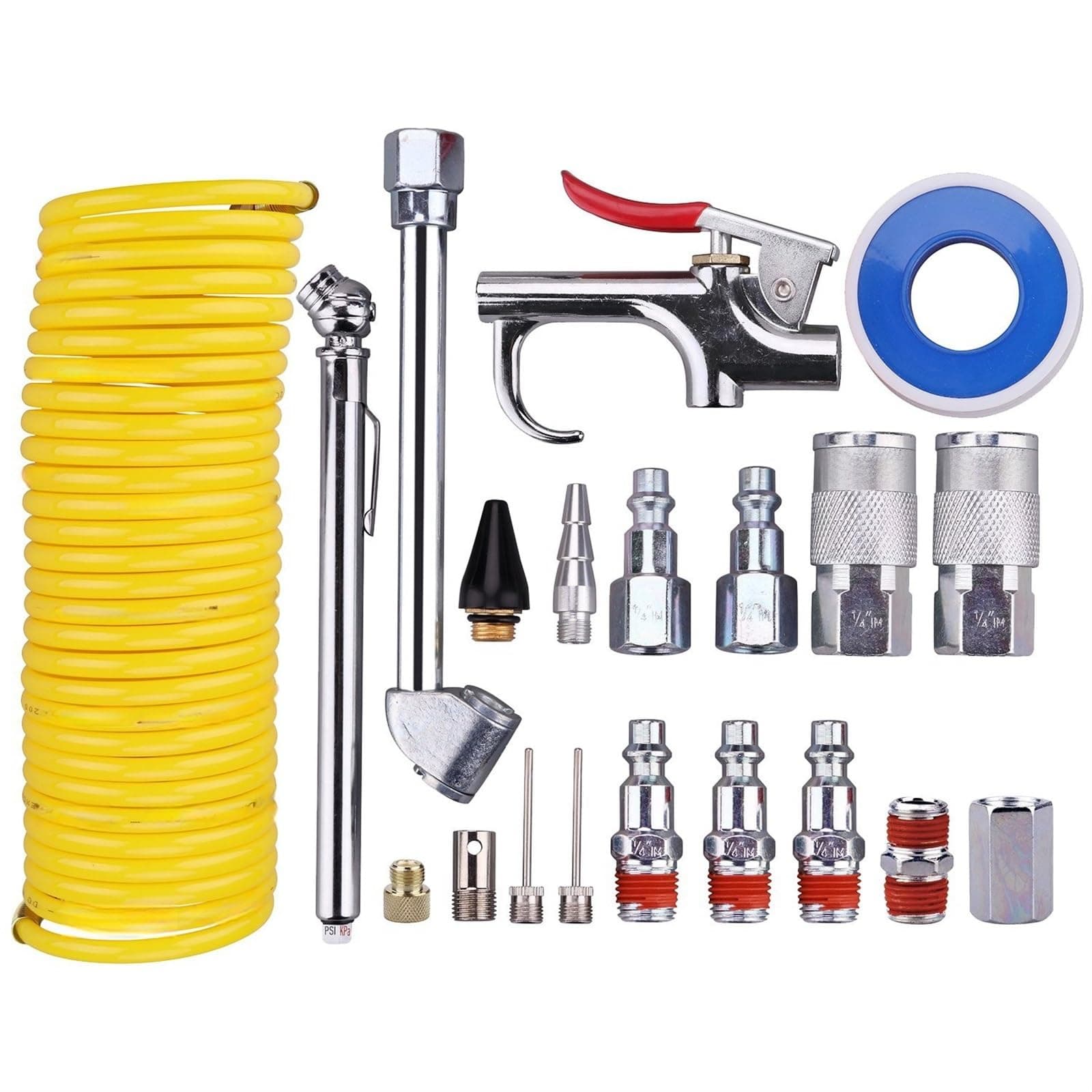 THE WHITE SHOP Air Compressor Kit, 1/4 Inch Air Tool Kit with 1/4 Inch x 25Ft Coil Nylon Hose/Tire Gauge