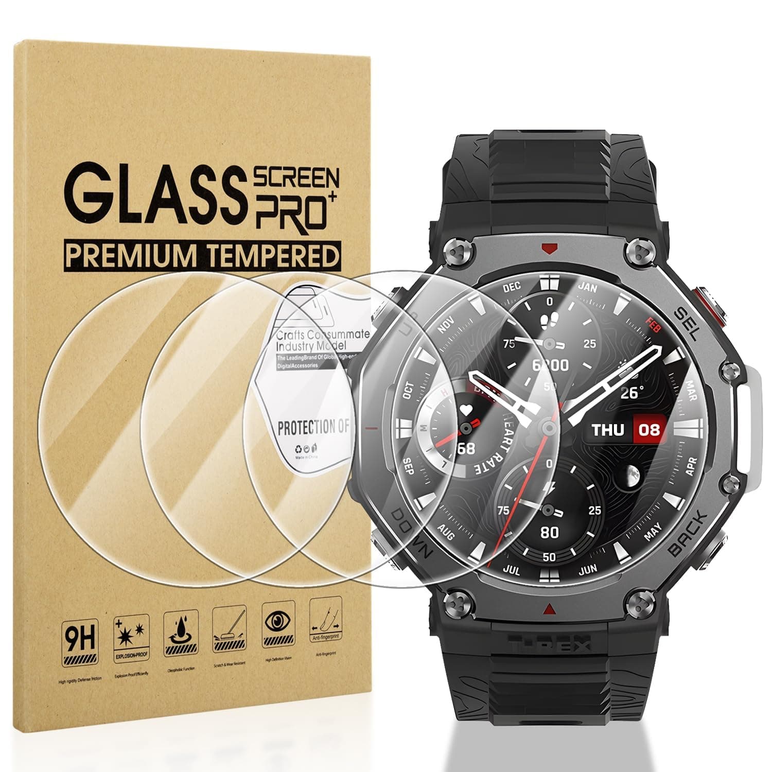 Diruite Pack of 4 Screen Protectors for Amazfit T-Rex 3 Screen Protector, Anti-Scratch HD Tempered Glass Screen Protector for Amazfit T-Rex 3 Protection Glass