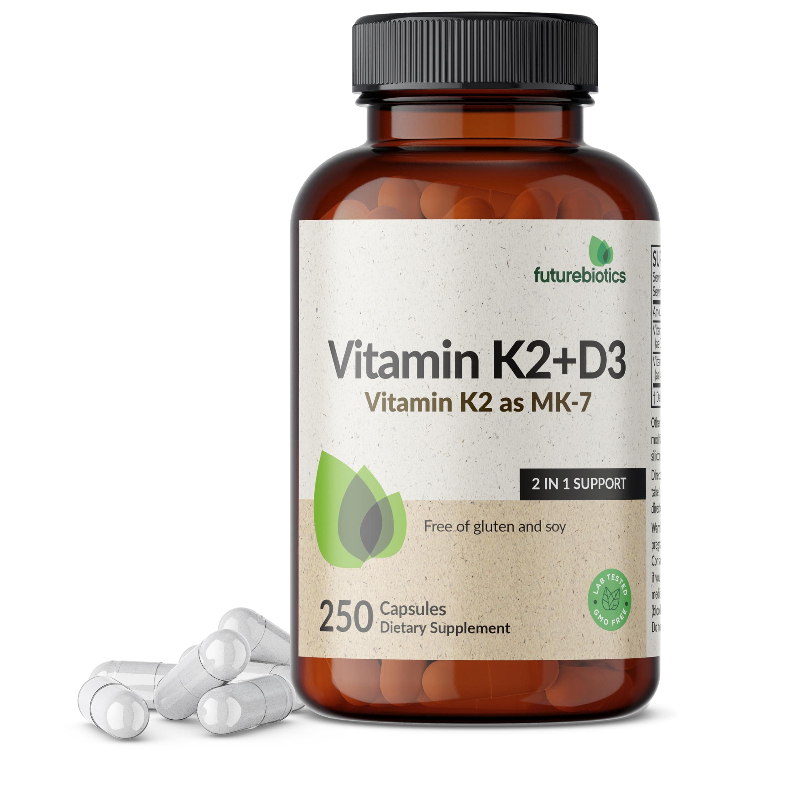 Vitamin K2 (MK7) with D3 Supplement - Non-GMO Formula - 5000 IU Vitamin D3 & 90 mcg Vitamin K2 MK-7, 250 Vegetarian Capsules