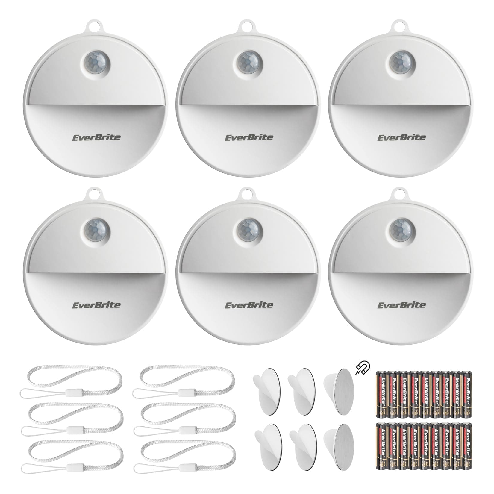 EverBrite LED Motion Sensor Night Light, Automated On & Off, Cool White Motion Activated LED Night Light for Kitchen, Bathroom, Stairs, Bedroom - with 18 AAA Batteries, 6-Pack