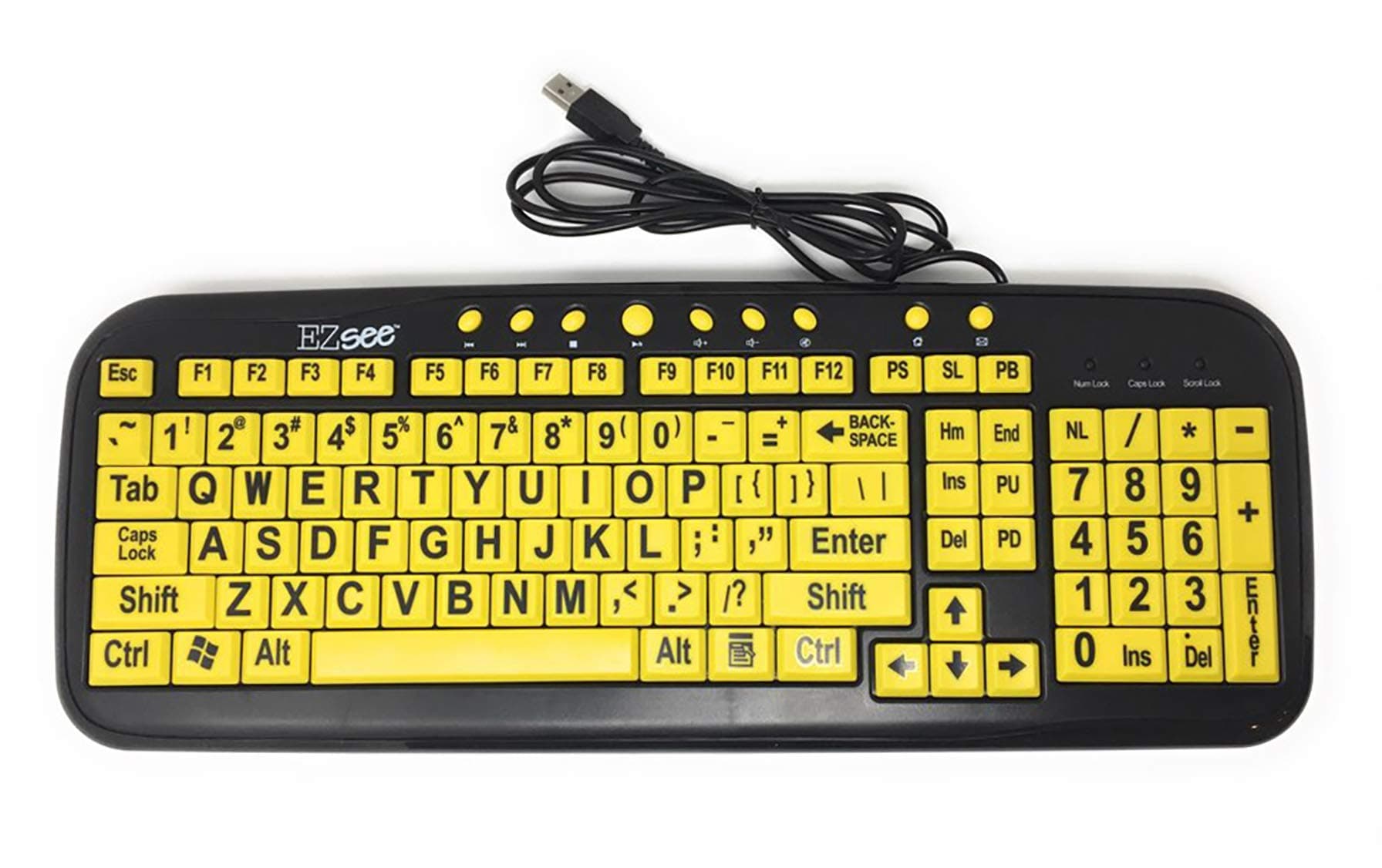 New and Improved Ezsee by DC - Low Vision Large Print Keyboard Black Large Print on Yellow Keys Background - USB Wired Computer Keyboard