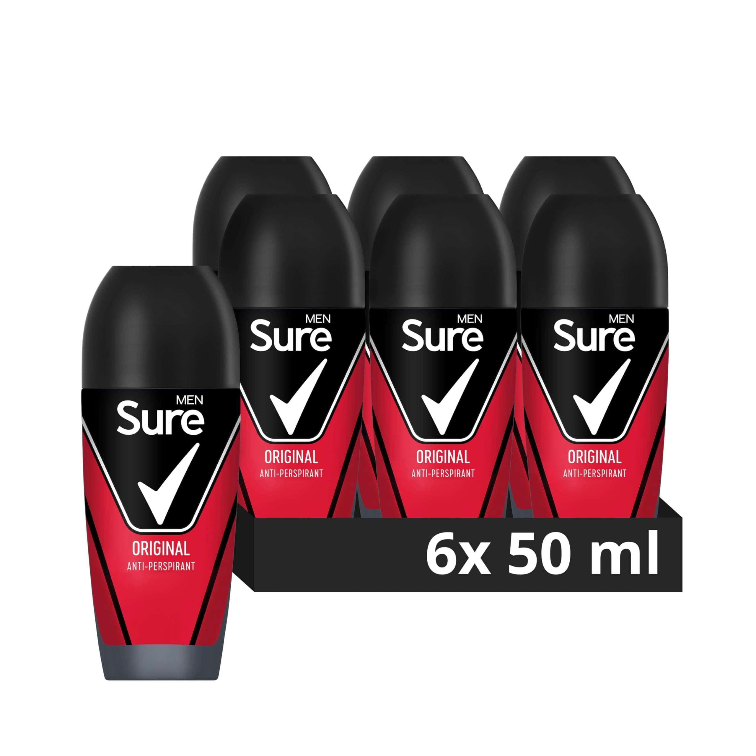 Sure Men Original Roll On Deodorant Antiperspirant with MotionSense technology for 48 hour protection against sweat and odour 50 ml, Pack of 6