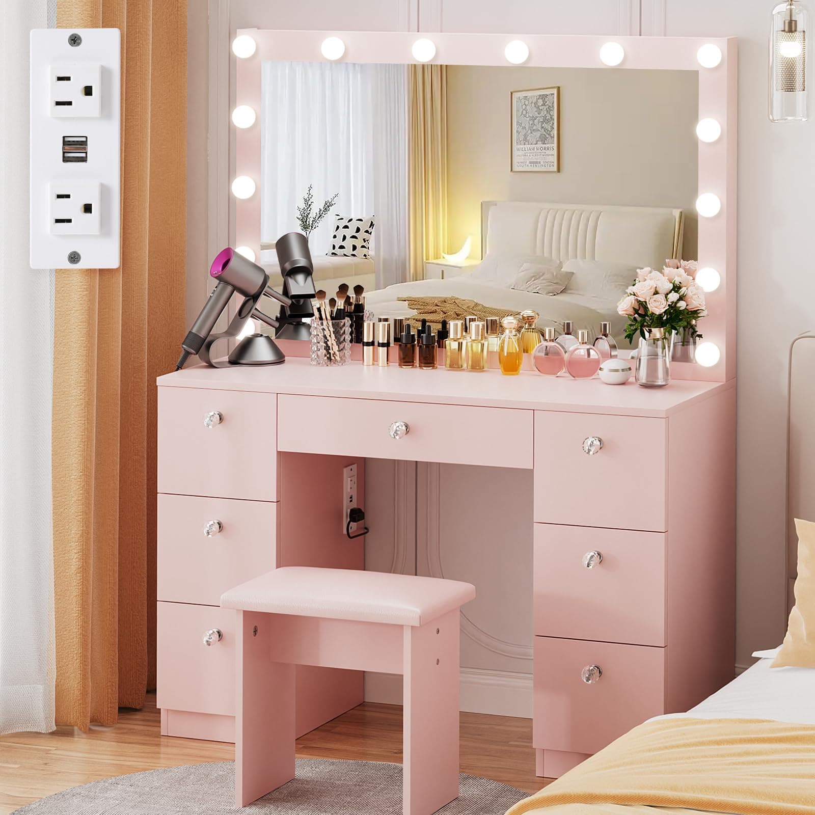 VOWNER Vanity with Lighted Mirror - Makeup Vanity Desk with Glass Top, 7 Drawers and Power Outlet, 3 Color Lighting Modes Adjustable Brightness, 44" Vanity Table with Stool for Women Girls, Pink