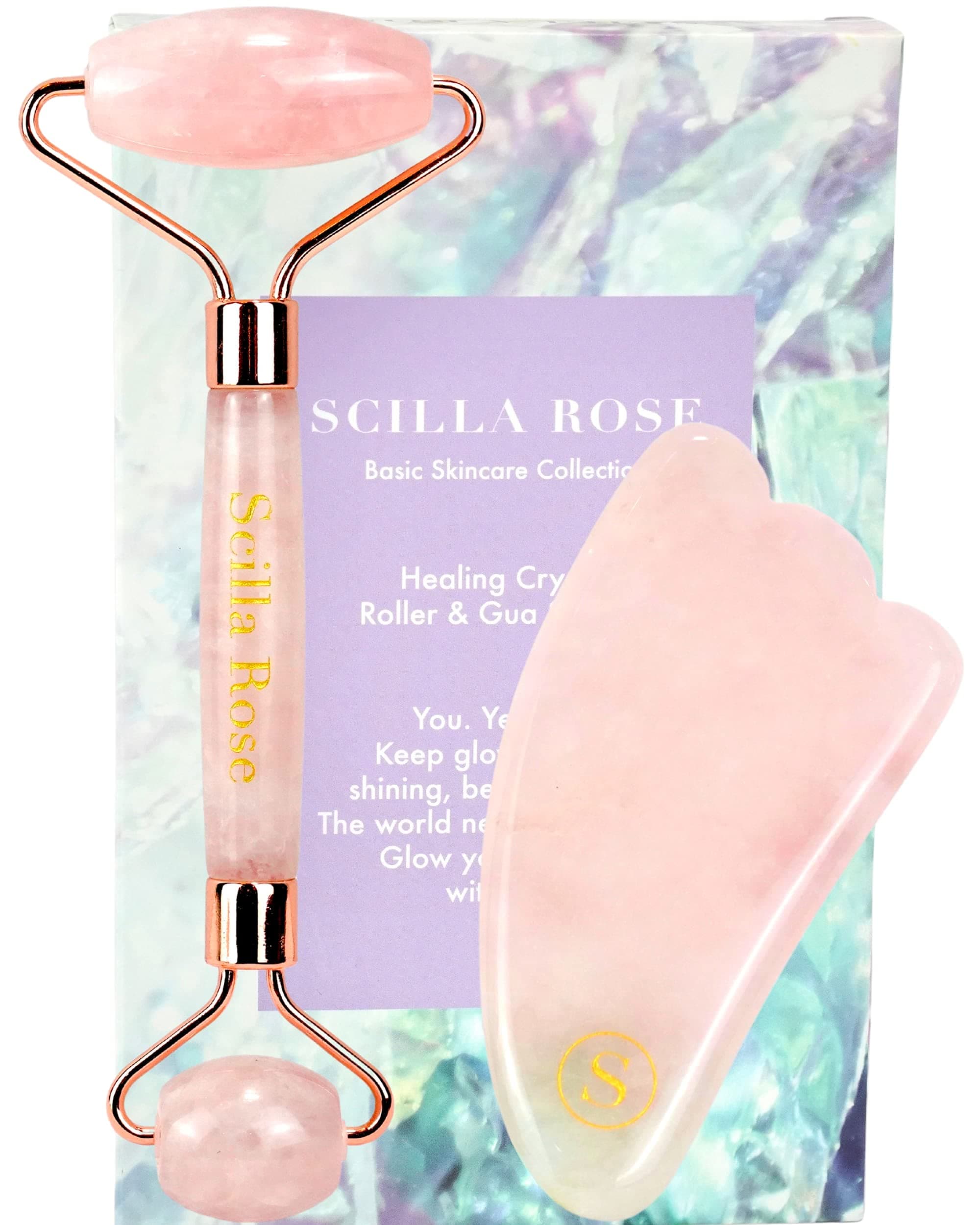 Scilla Rose Jade Roller Rose Quartz Roller and Gua Sha Gift Set- Pink Facial Roller and Guasha Stone, Face and Eye Massager- Natural, Anti-Ageing Facial Massage Skincare Tools- Pamper Gifts for Women