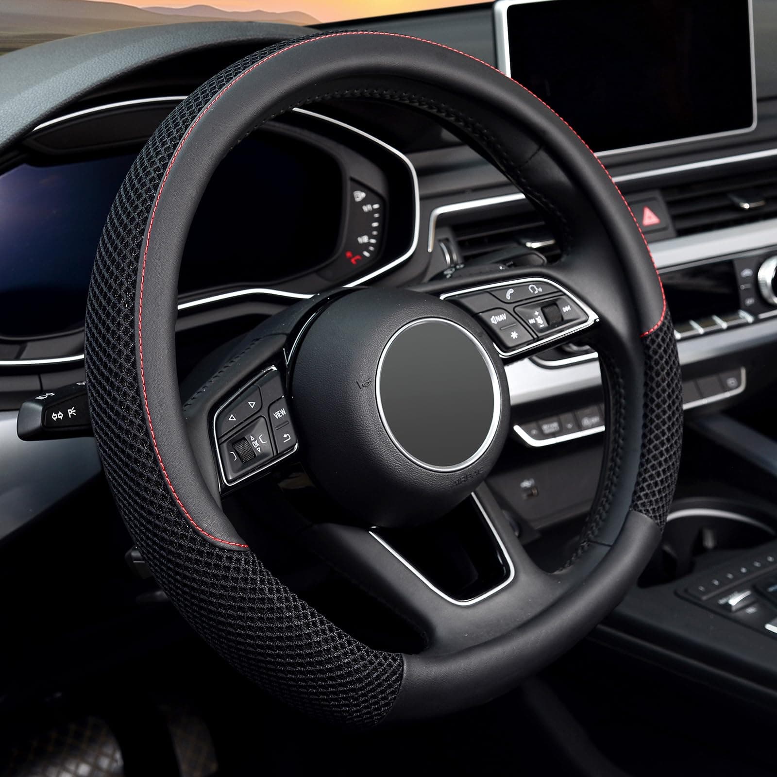 KAFEEK D Shape Steering Wheel Cover, Universal 15 inch, Microfiber Leather Viscose, Breathable, Anti-Slip,Warm in Winter and Cool in Summer, Black