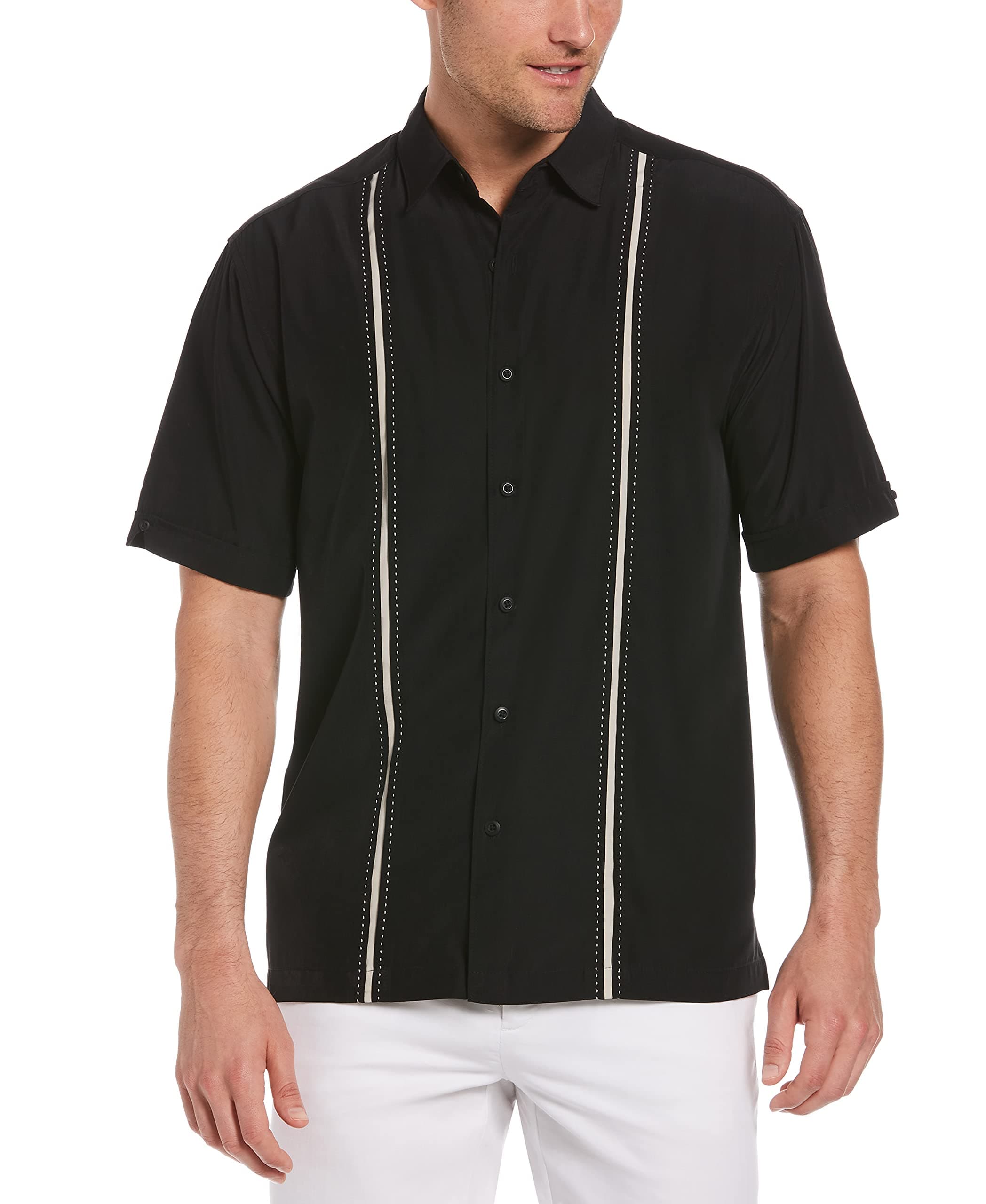 Men's Short Sleeve Houndstooth-Print Shirt with Insert Panels