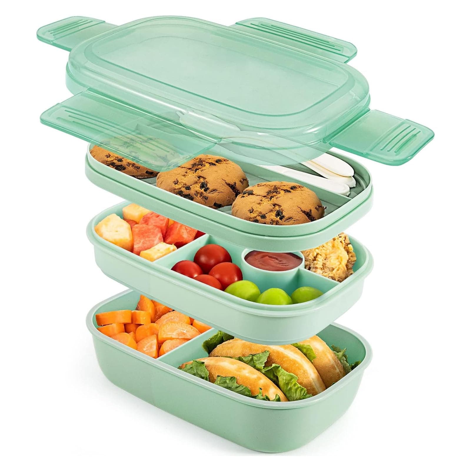 U-HOOMEBento Box Adult Lunch Box - 72oz Stackable Bento Lunch Box for Adults, 3 Layers Bento Lunch Containers Leak-Proof Lunchbox with Utensil Sauce Dressing Containers for Dining Out,Work (Green)