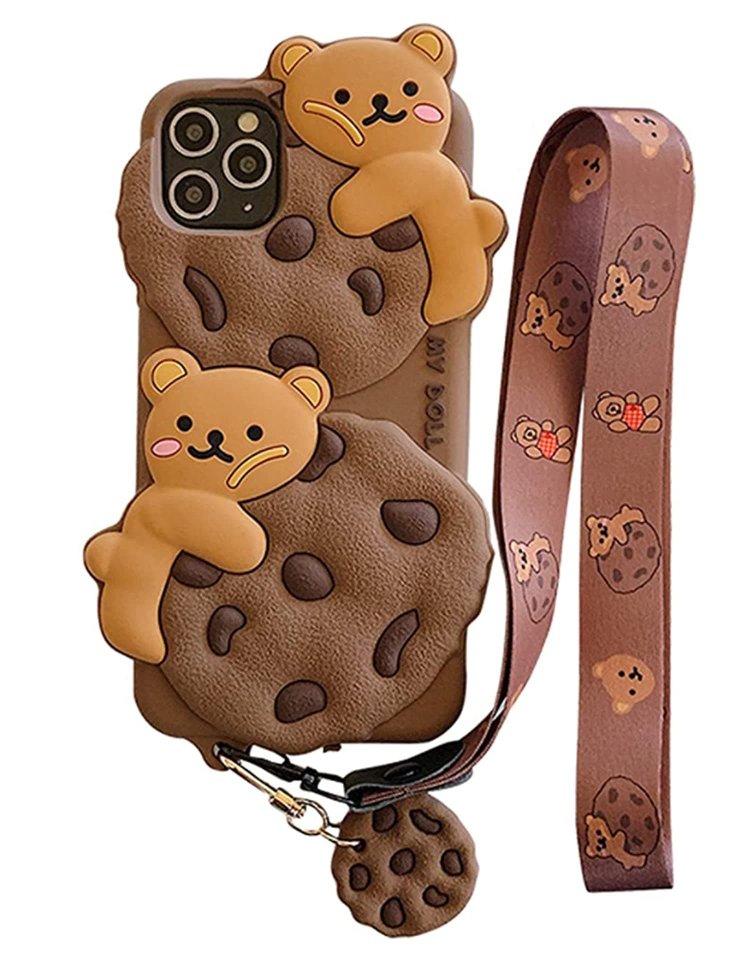 DELFINO Phone Protective Case Fun Unique 3D Cartoon Cookie Shape Case Soft Silicone Bumper Shockproof All-Round Protective Case Fit for iPhone 11 with Hang Rope Good Gift for Teens Kids Girls