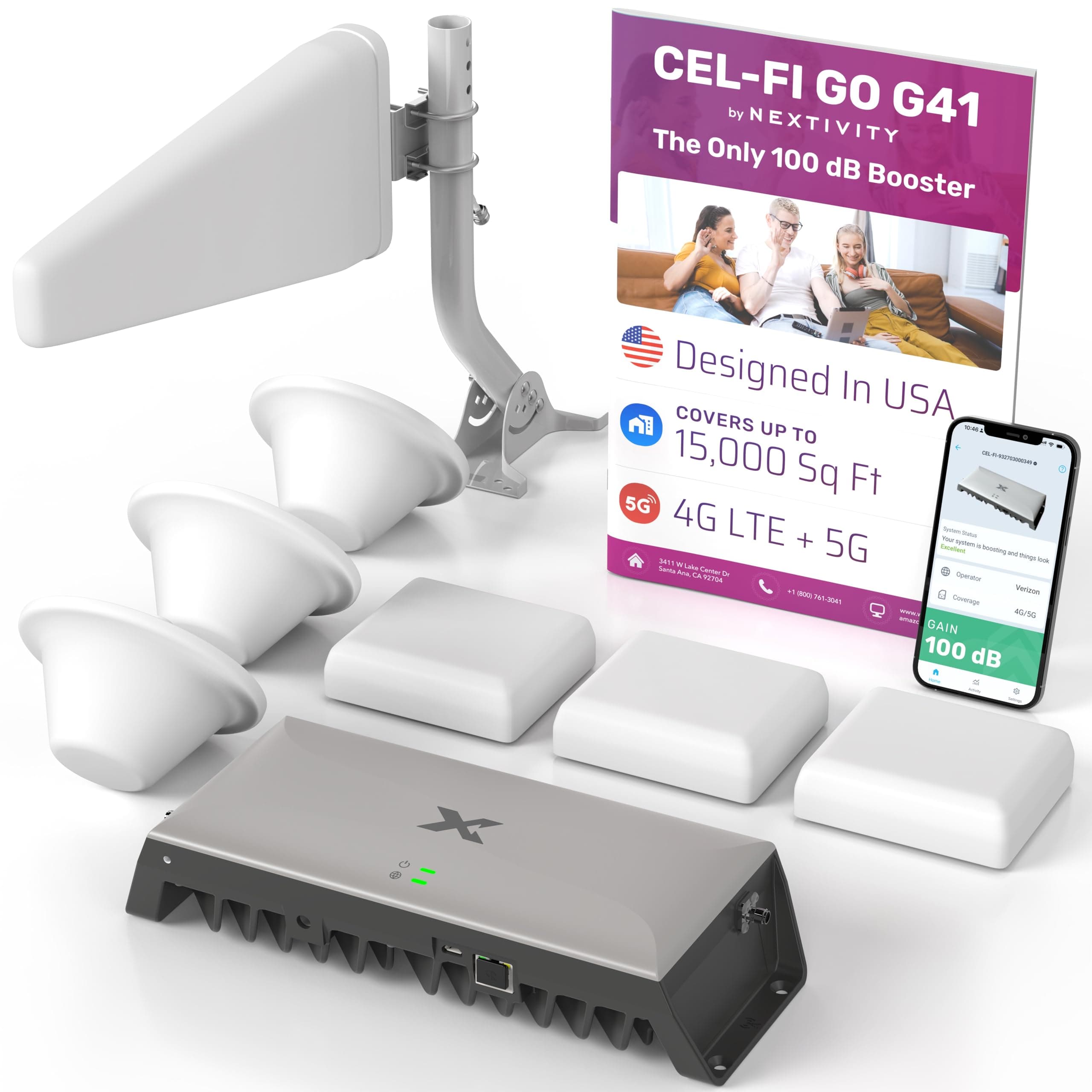 CEL-FI GO X G41 | Cell Phone Booster for Home | 4G, 5G, AT&T, Verizon & T-Mobile | Up to 15,000 Sq Ft Coverage | 100 dB Cell Phone Signal Booster | FCC Approved | 3 Antenna Kit