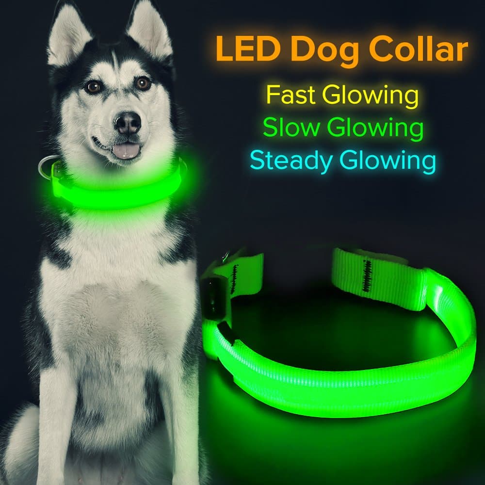 Flashseen LED Dog Collar, USB Rechargeable Glowing Pet Collar Night Safety LED Light Up Dog Cool Collars for Dogs with Nylon Webbing Perfect for Small, Medium, Large Dogs(Small, Green)