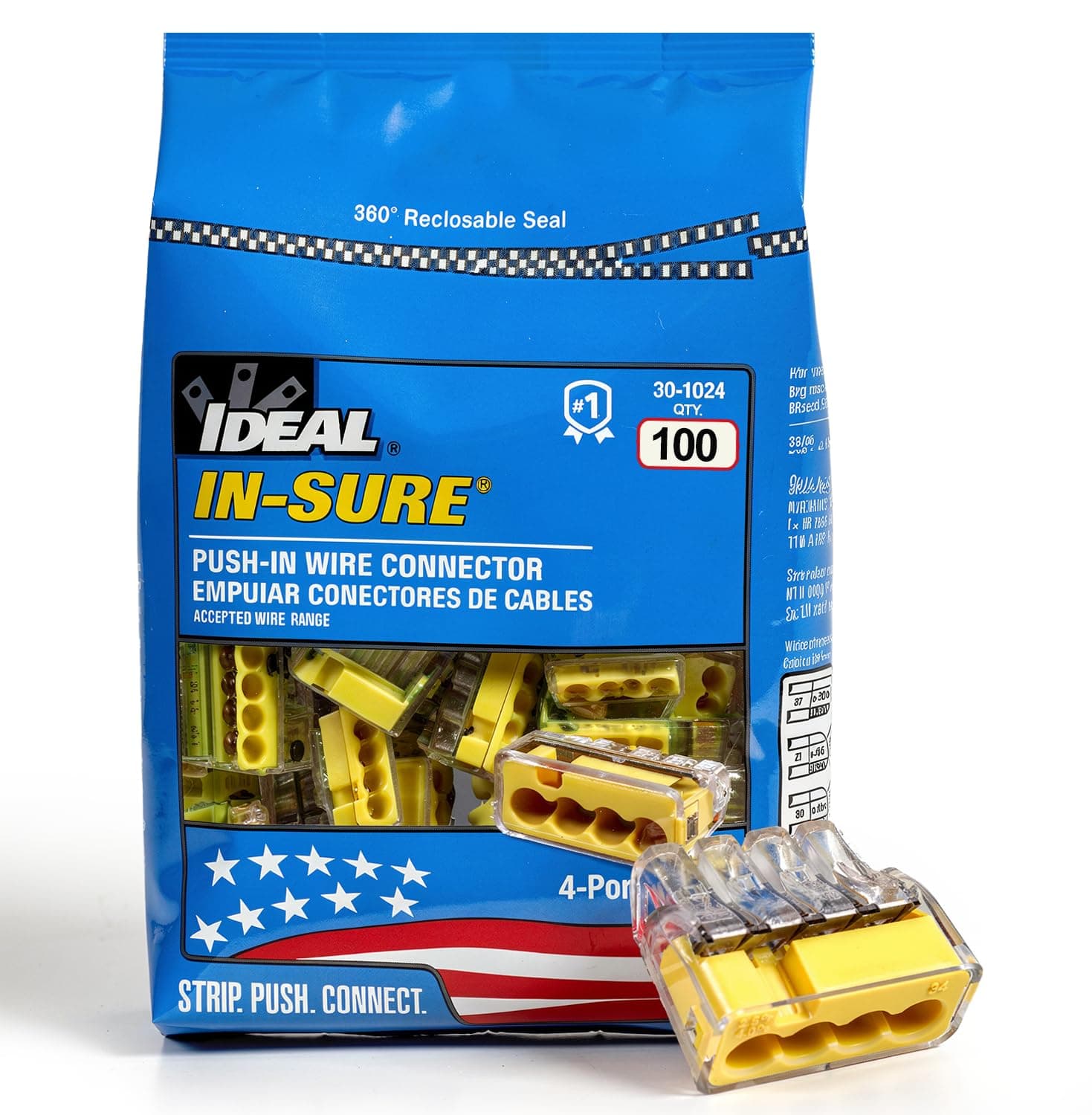 IDEAL Electrical In-Sure Push-In Wire Connector, 4-Port (30-1034P), Bag of 100—Color Coded No-Twist Connectors for Solid and Stranded Wires