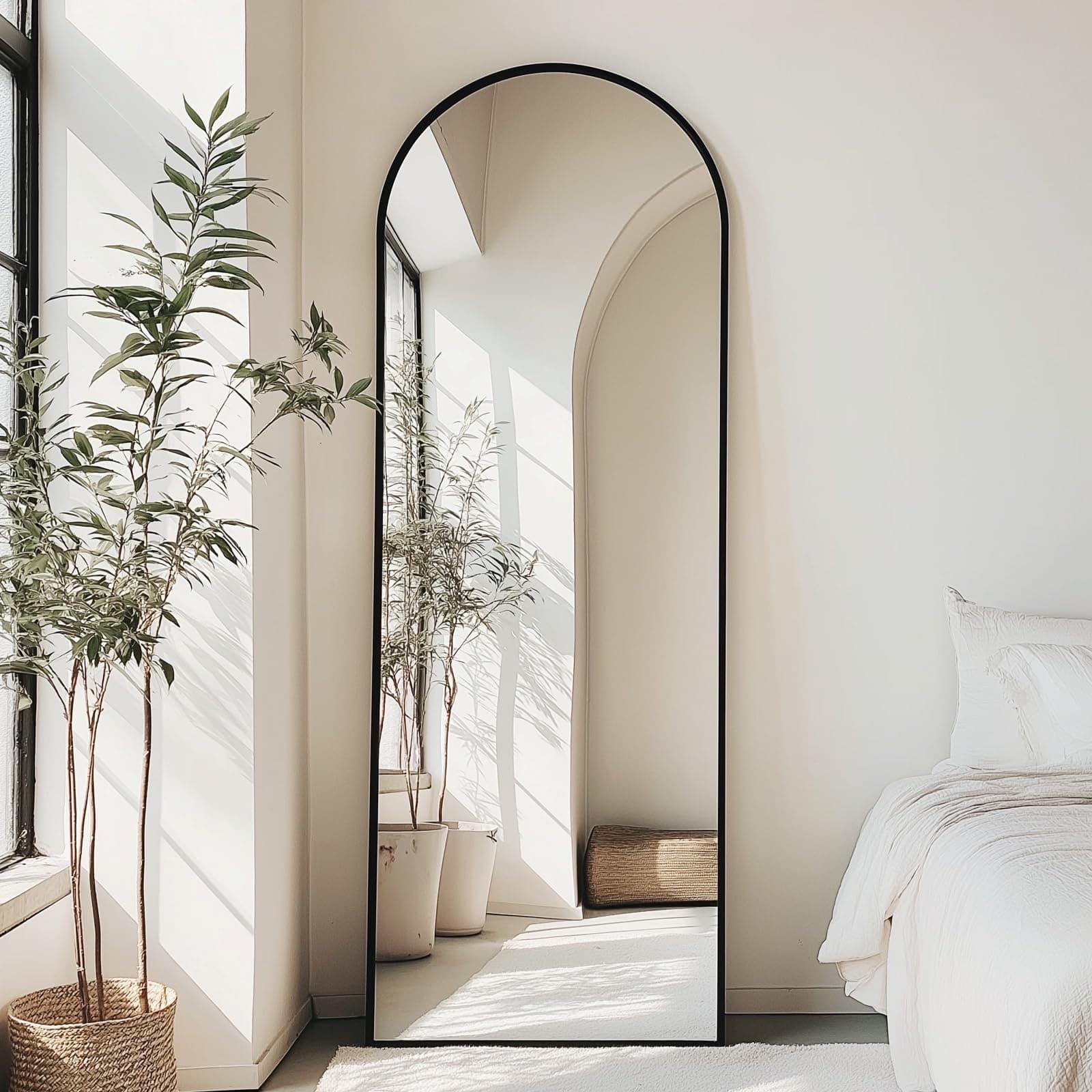 FAB&Deluxe Full Length Mirror - 64"x21" Standing or Leaning Full Body Mirror with Aluminum Alloy Frame, Floor Mirror for Bedroom Bathroom Wall Decor, Arched, Black