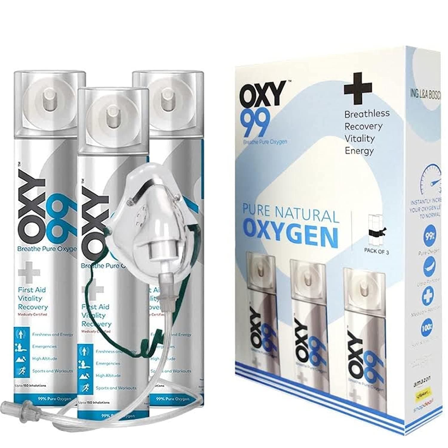 OXY99 Portable Pack of 3 Oxygen can with mask (ING. BOSCHI Italy)
