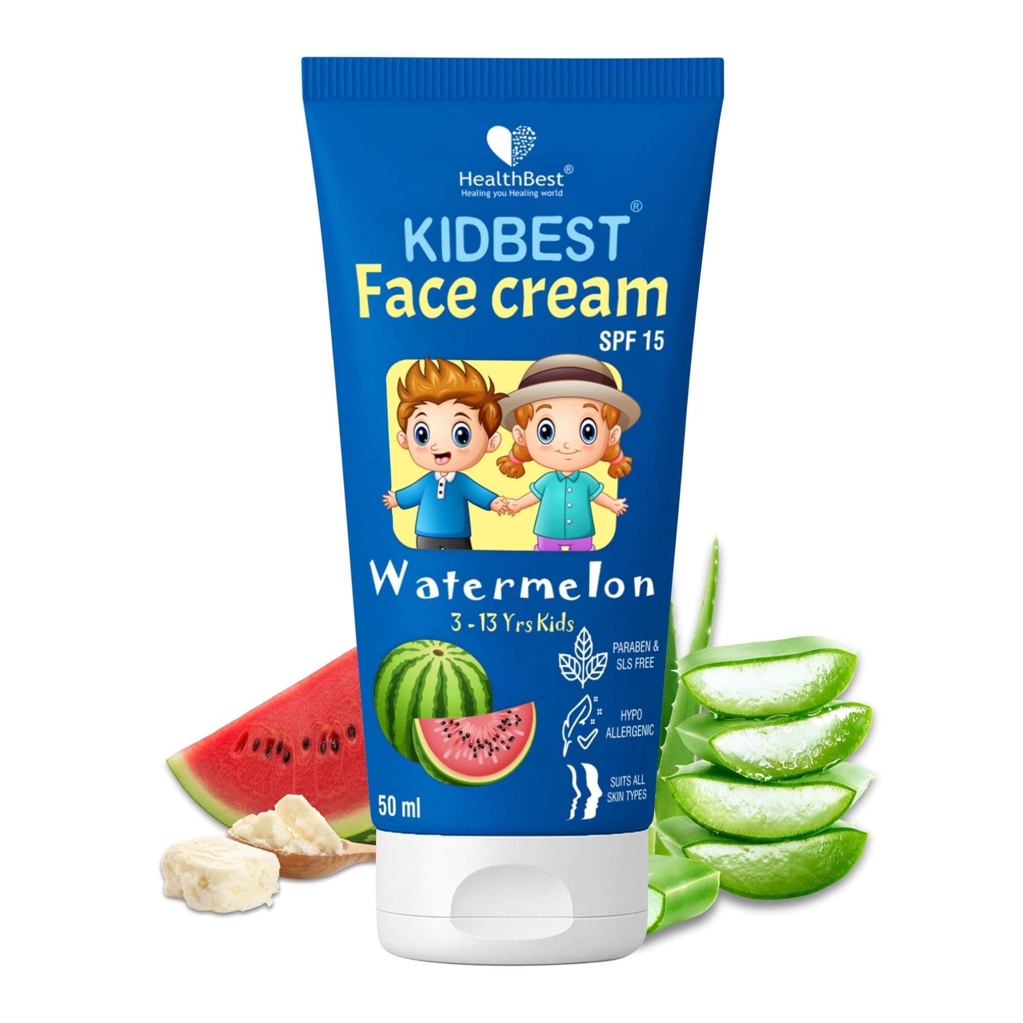 Kidbest Face Cream for Kids | SPF 15 | Safe for Sensitive Skin & Unscetened | Tear, Paraben, SLS free | Watermelon Flavor | 50ml