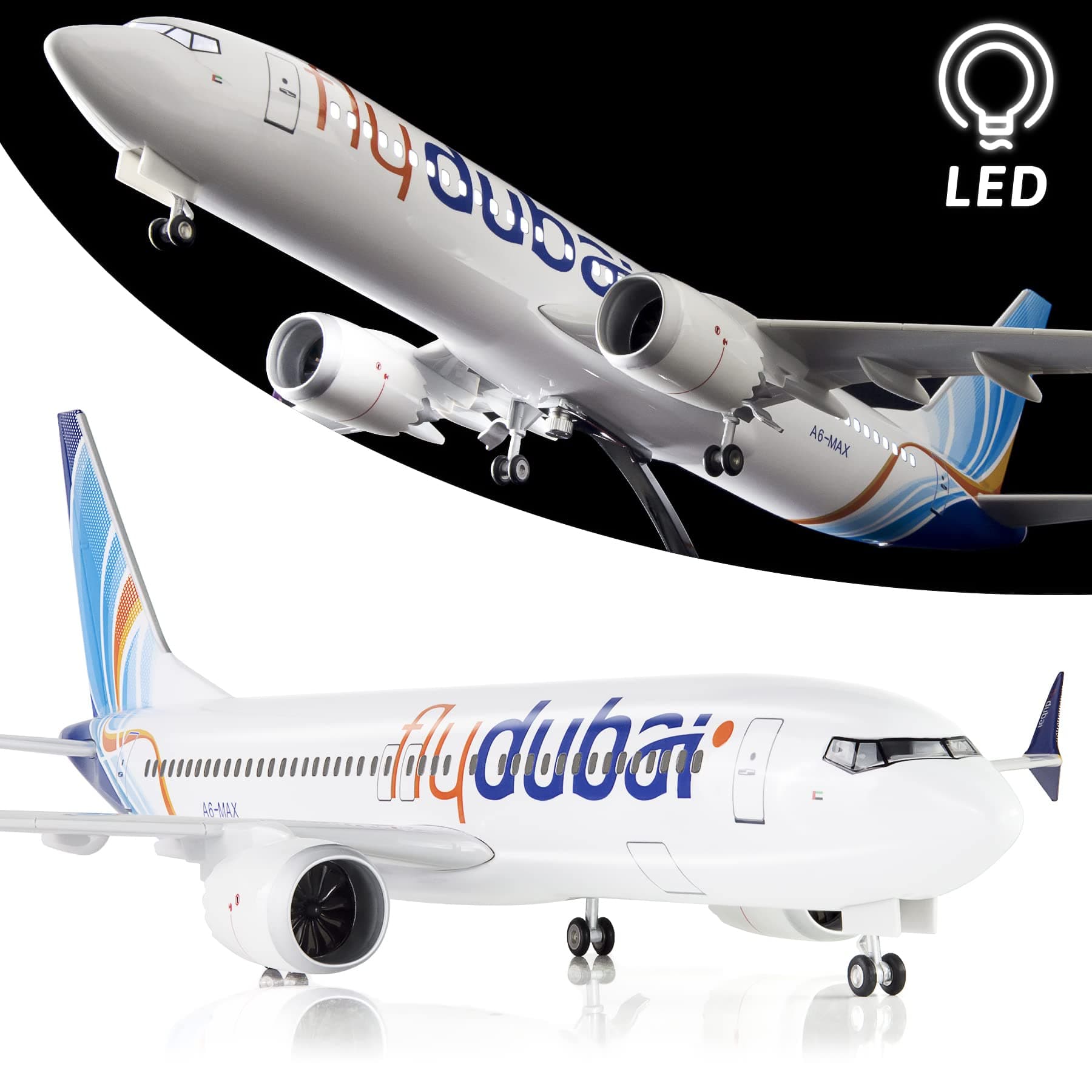 Lose Fun Park 1:130 Scale Large Model Airplane DuBai Boeing 737 Plane Models Diecast Airplanes with LED Light for Collection or Gift
