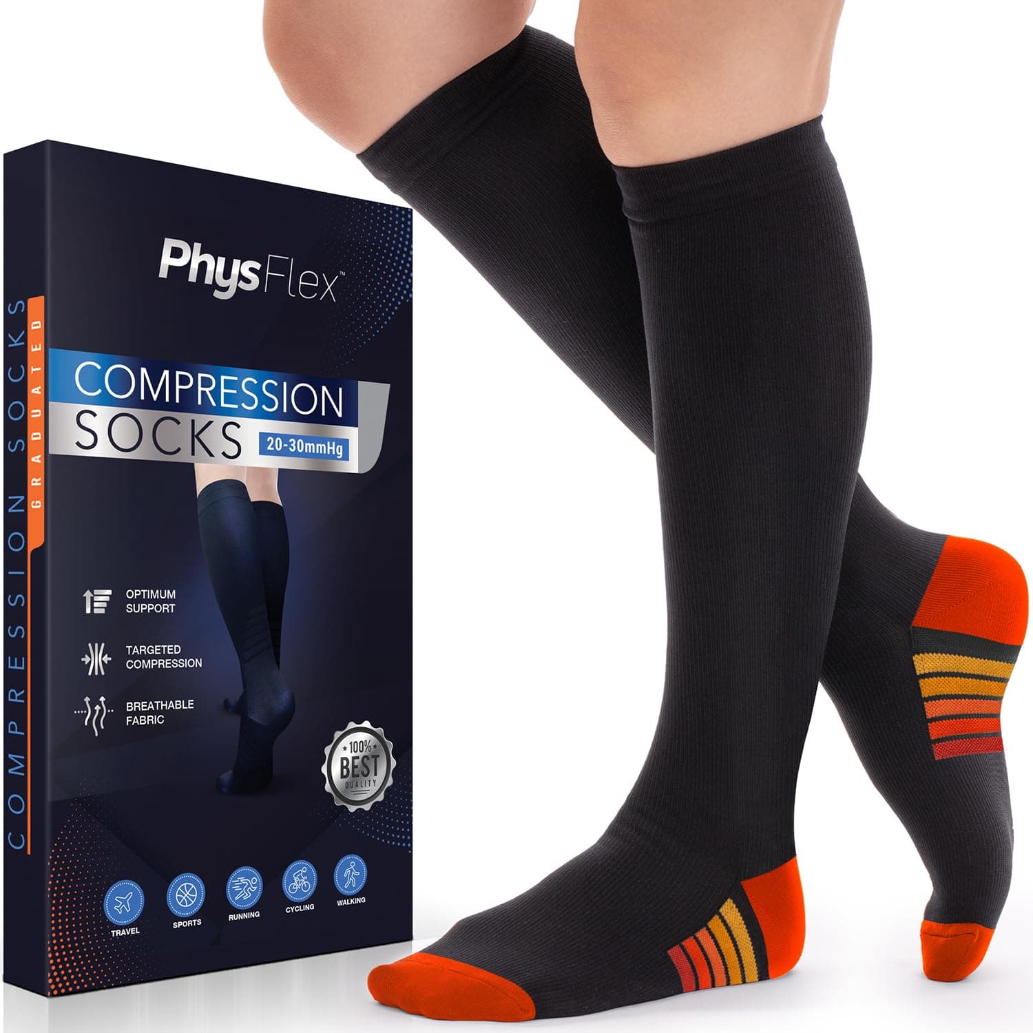 PhysFlexGraduated Compression Socks for Women and Men (Orange/Foot)