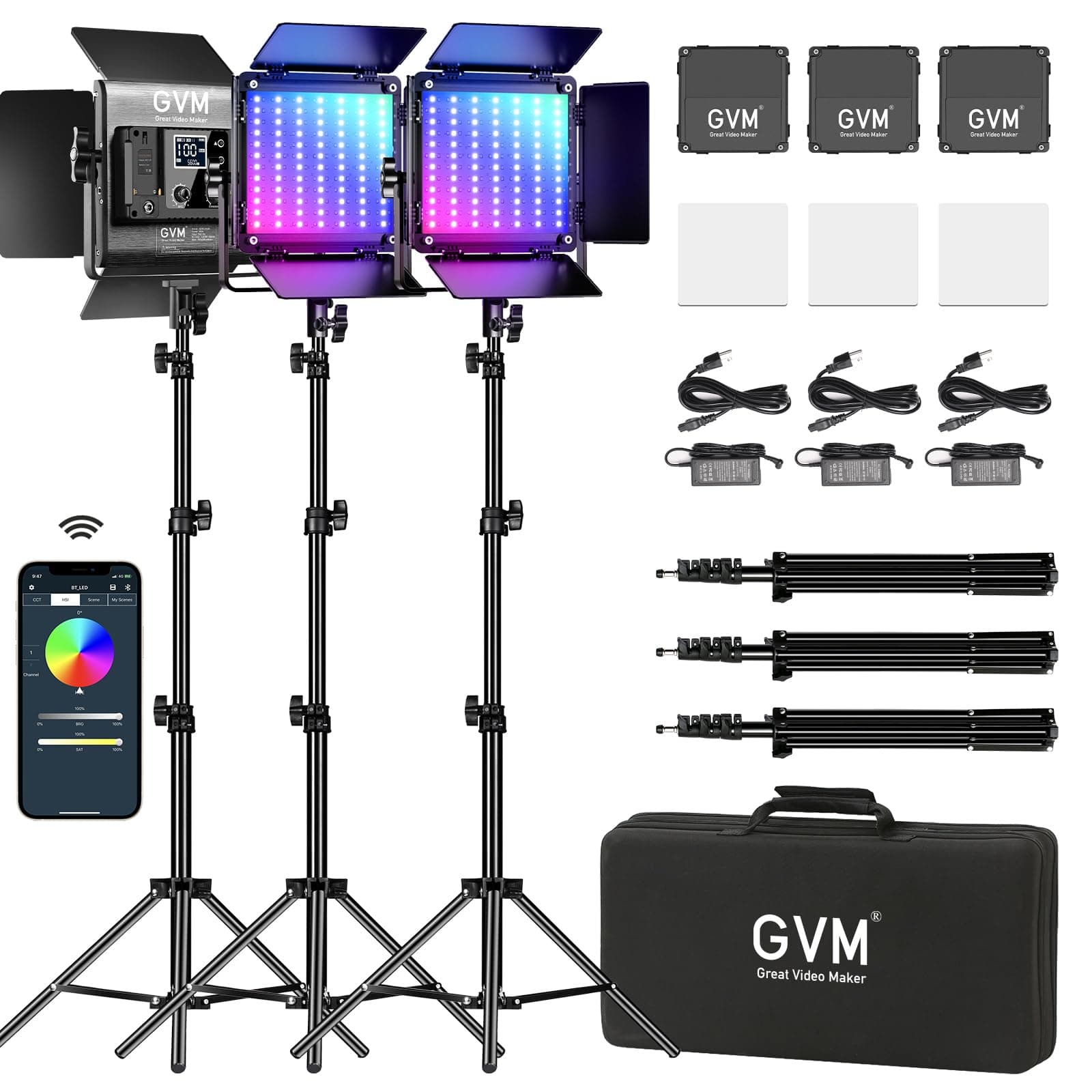 GVM Great Video Maker - 800D-RGB LED Studio 3-Video Light Kit