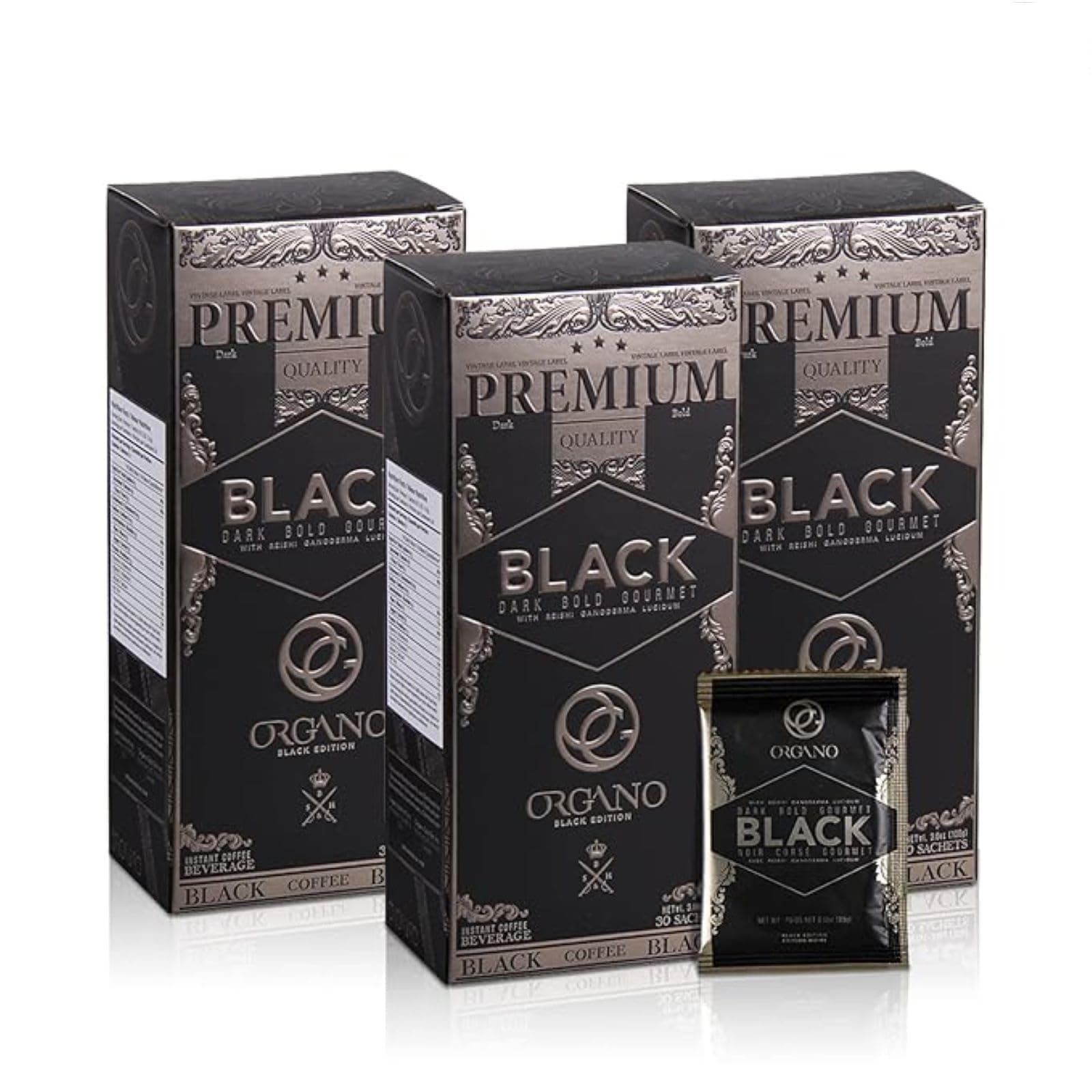 ORGANO 3 Boxes Gourmet Black Coffee, 100% Certified Ganoderma Lucidum (90 Sachets)