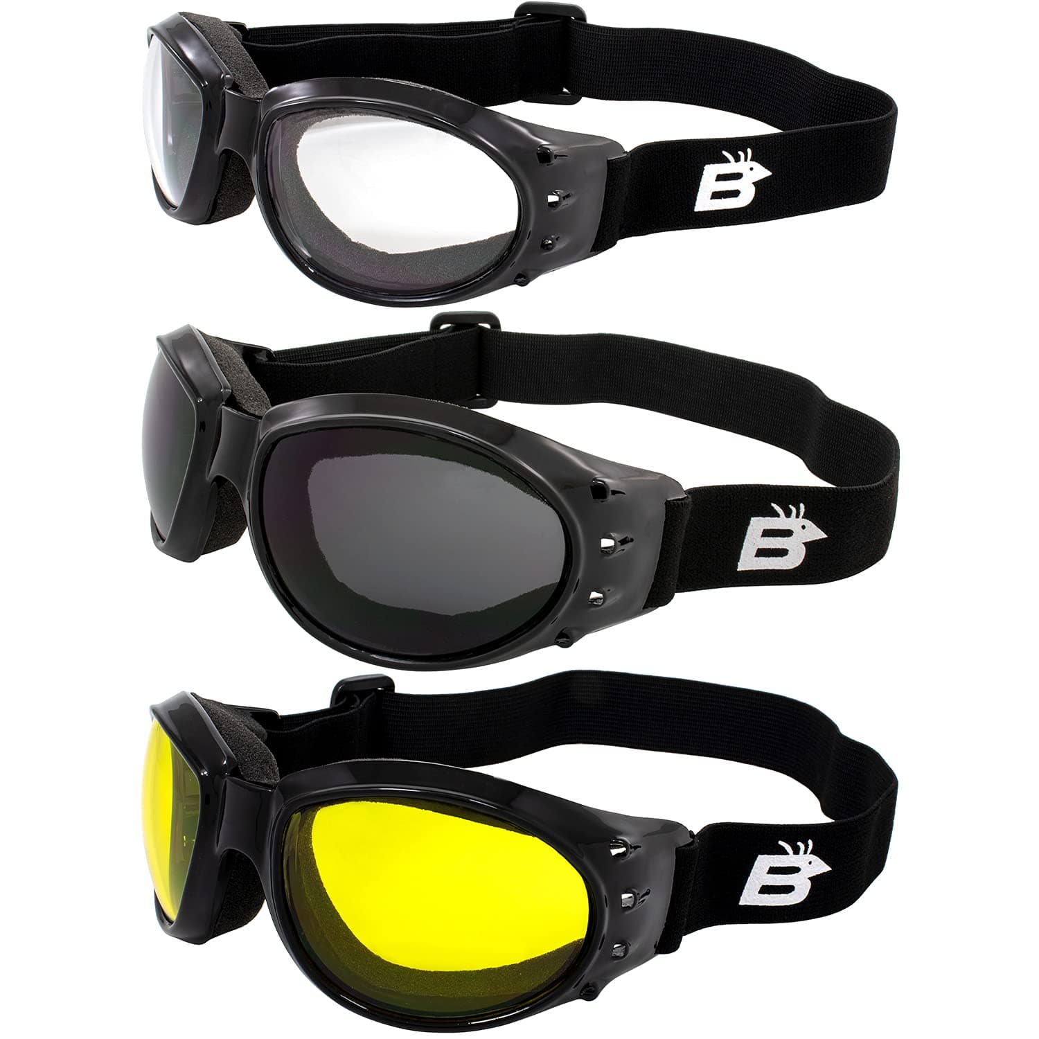 Birdz Eyewear Three (3) Pairs Birdz Eagle Padded Motorcycle Goggles Airsoft Googles Comes with Clear, Smoke, and Yellow Day and Night riding comfort You Should Have Googles For Any Weather Condition