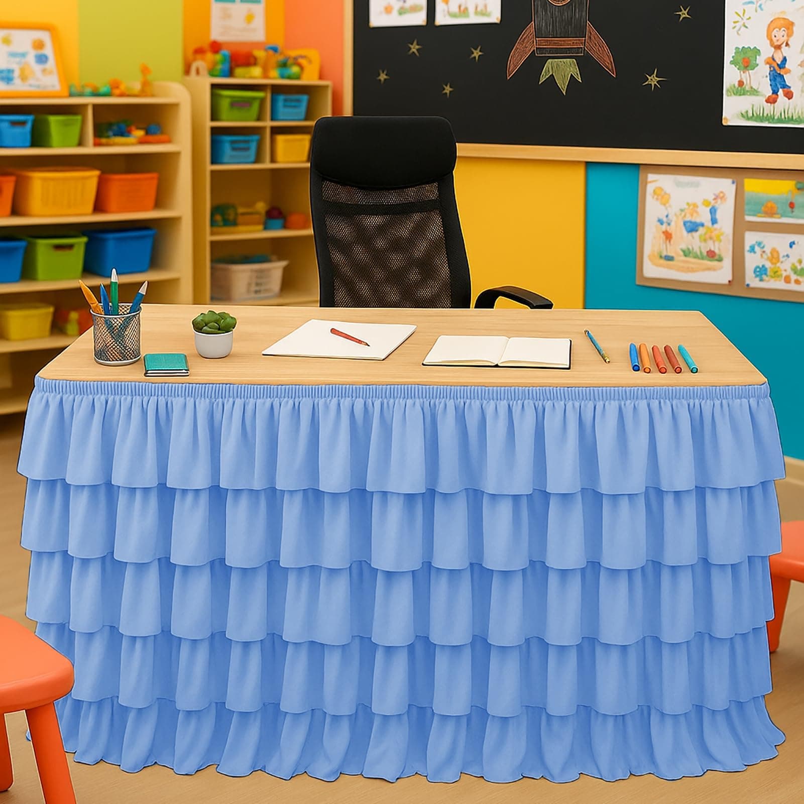 Blue Table Skirt Tutu Ruffled Tablecloth for Classroom Teacher Desk Skirt Back to School Supplies for Princess Girls Birthday Party Cake Dessert Decorations, 6FT