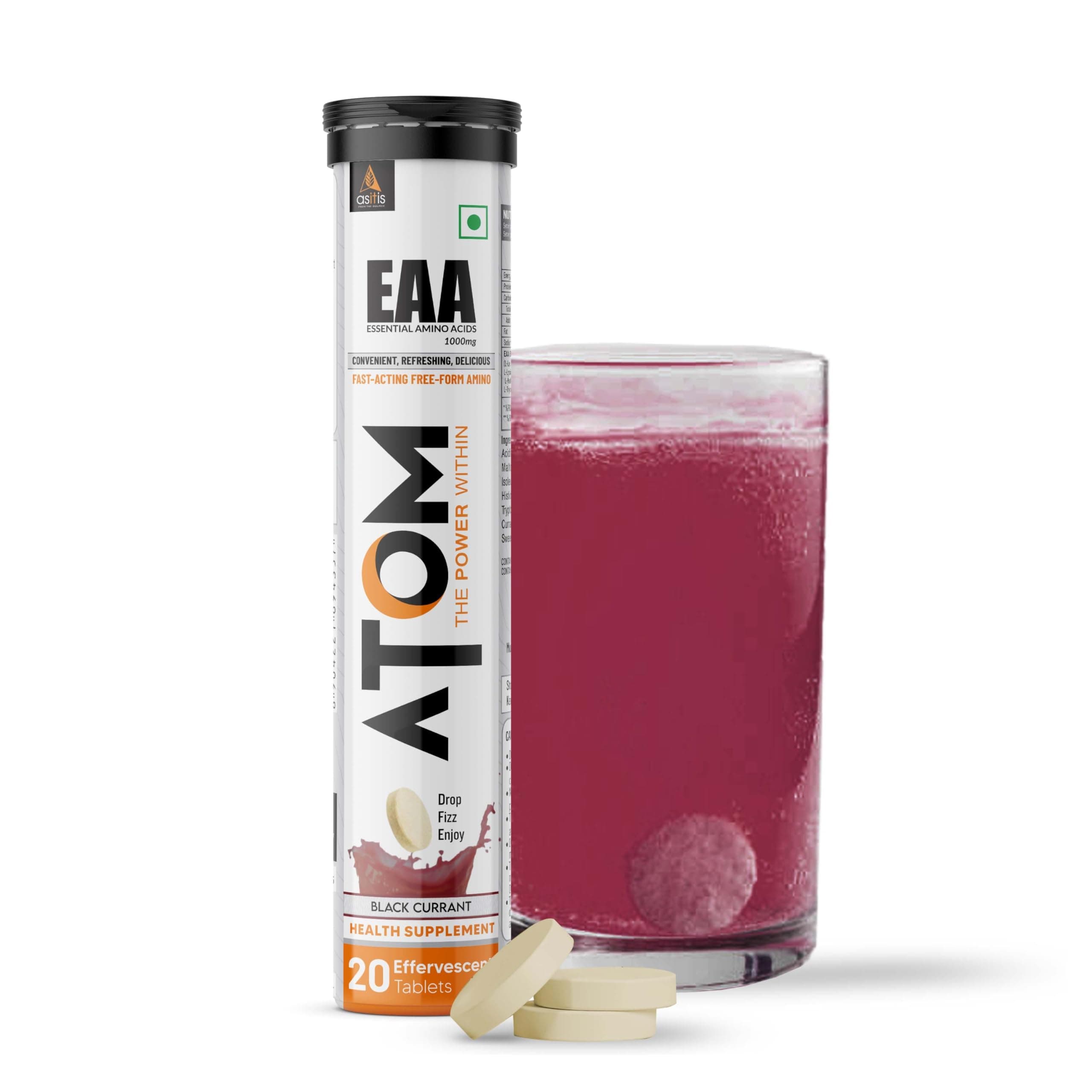 AS-IT-IS ATOM EAA Effervescent 20 Tablets| All 9 Essential Amino Acids with 100% Bioavailability| Muscle Recovery & Performance| Convenient, Refreshing & Delicious – Black Currant Flavour
