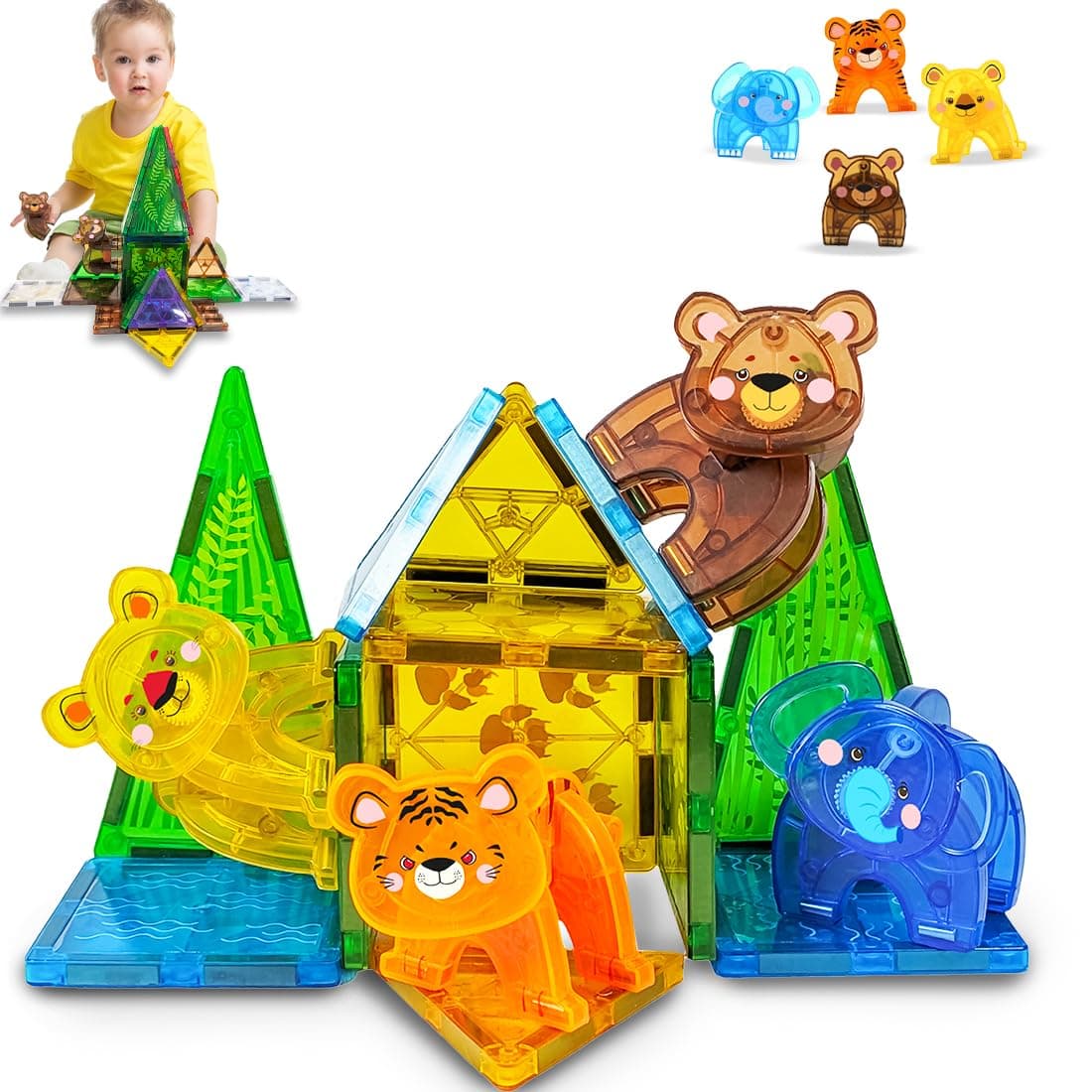 Wembley Magnetic Building Tiles Jungle Safari Construction Set STEM Learning Activities for Toddlers Forest Theme Educational Magnet Building Blocks Kids Ages 3+ Jungle Adventure-16 Pcs,Multicolour